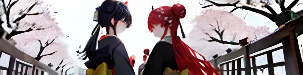 ((masterpiece,best quality)),2girls, black kimono, black legwear, black ribbon, black hair, cherry blossoms, day, flower, hair bun, hair ribbon, japanese clothes, kimono, long hair, looking at viewer, looking back, multiple girls, obi, outdoors, red eyes, red hair, ribbon, sandals, single hair bun, stairs, standing, statue, torii, tree, white kimono, yellow eyes