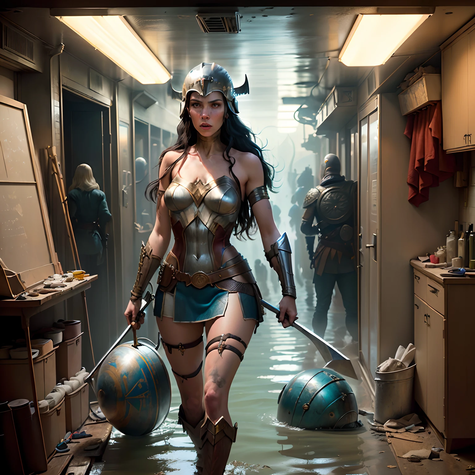 (full body:1.5),a female Viking Female Warrior on the tropical shore of the last world flooded by the sea in the near future, Paint, Nordic, Viking, Vintage, Steel Helmet, Axe,Wonder Woman,Gal Gadot,(Diesel punk:1.2),destroyed spaceship corridor background, clutter and mess everywhere, realistic, kodachrome, cinematic, art by jeremy mann and george tooker,(exquisitely detailed skin:1.3), cinematic light, ultra high res, 8k uhd, film grain, perfect anatomy, best shadow, delicate, RAW