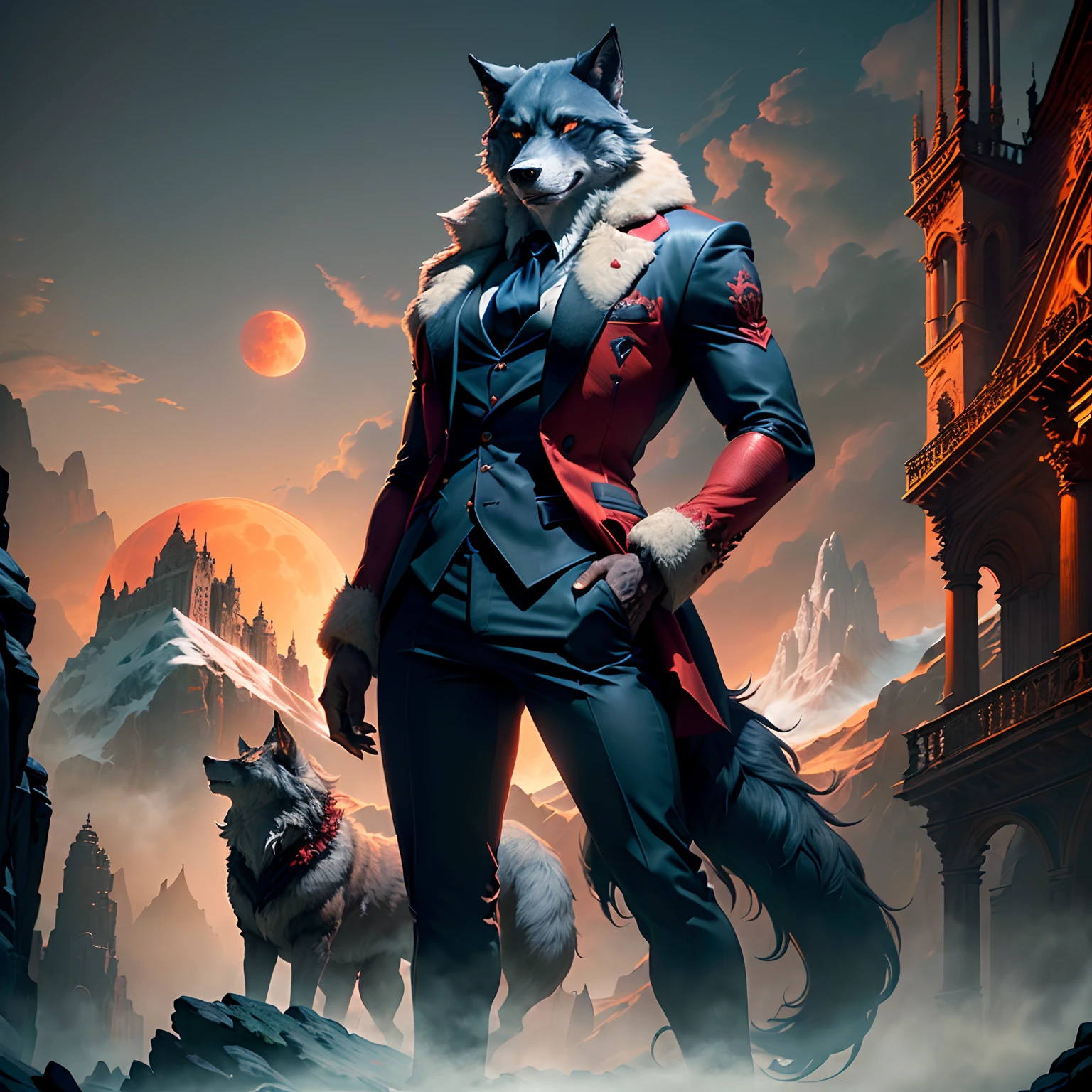 A werewolf dressed as a gangster standing on a cliff with wolves in the background, red moon in the sky, high detail, magnificent architecture in the background, masterpieces, (HDR)(wallpaper)(movie lighting)(sharp focus), masterpiece, best quality, (extremely detailed CG unity 8k wallpaper), (best quality)