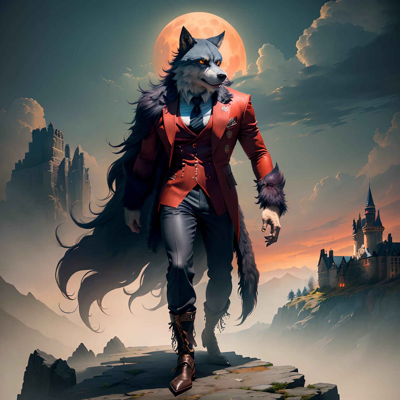 A werewolf dressed as a gangster standing on a cliff with wolves behind him, red moon in the sky, high detail, castle, masterpiece, (HDR)(wallpaper)(movie lighting)(sharp focus), masterpiece, best quality, (extremely detailed CG unity 8k wallpaper), (best quality)