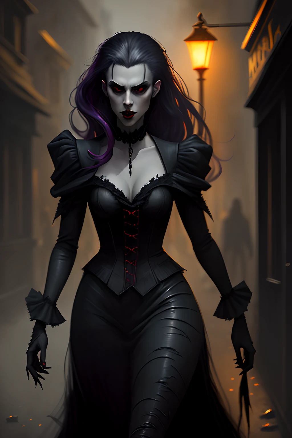Sexy female vampire, Walking, Twilight, Street,Dark, moody, Gothic,Digital painting, Realistic,Dark and muted,High definition, 4K