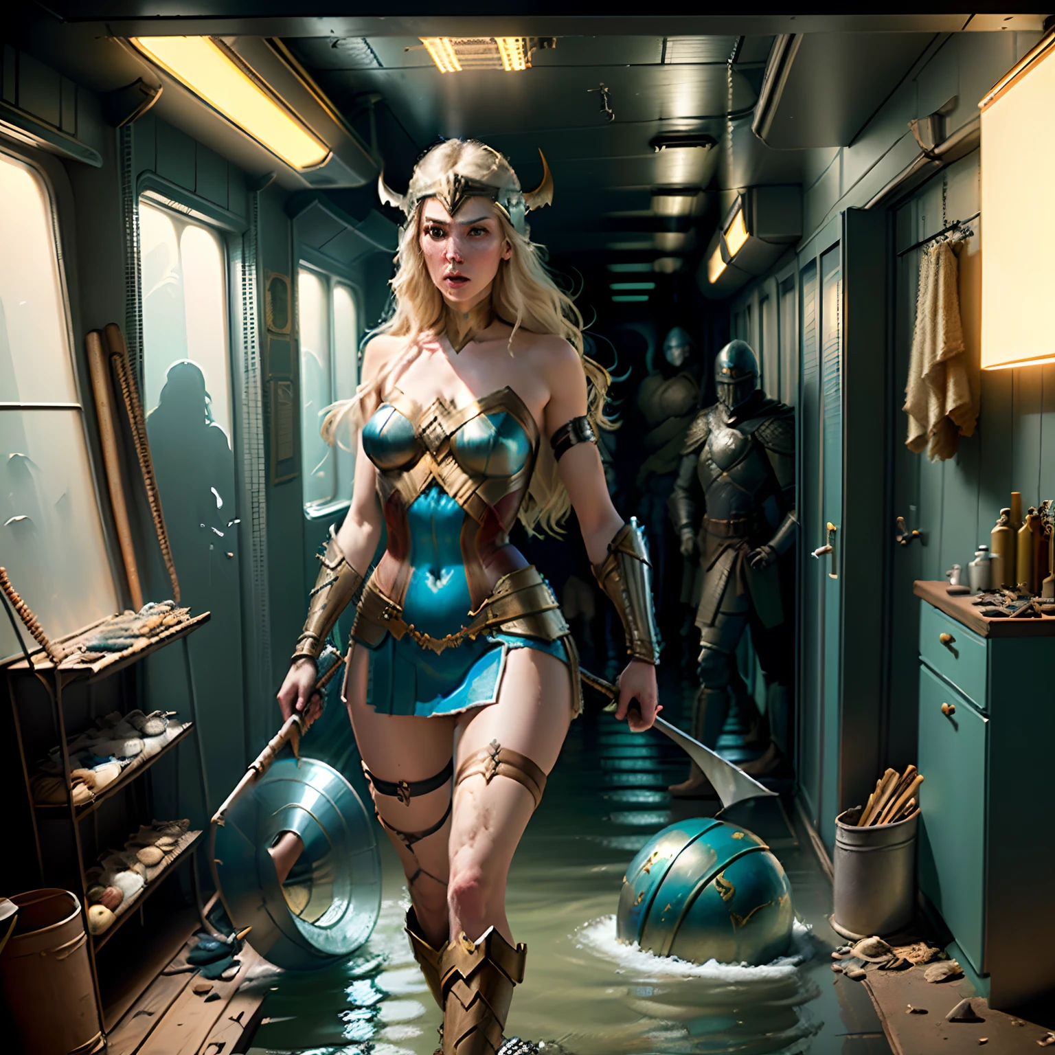 (full body:1.5),a female Viking Female Warrior on the tropical shore of the last world flooded by the sea in the near future, Paint, Nordic, Viking, Vintage, Steel Helmet, Axe,Wonder Woman,Gal Gadot,(Diesel punk:1.2),destroyed spaceship corridor background, clutter and mess everywhere, realistic, kodachrome, cinematic, art by jeremy mann and george tooker,(exquisitely detailed skin:1.3), cinematic light, ultra high res, 8k uhd, film grain, perfect anatomy, best shadow, delicate, RAW