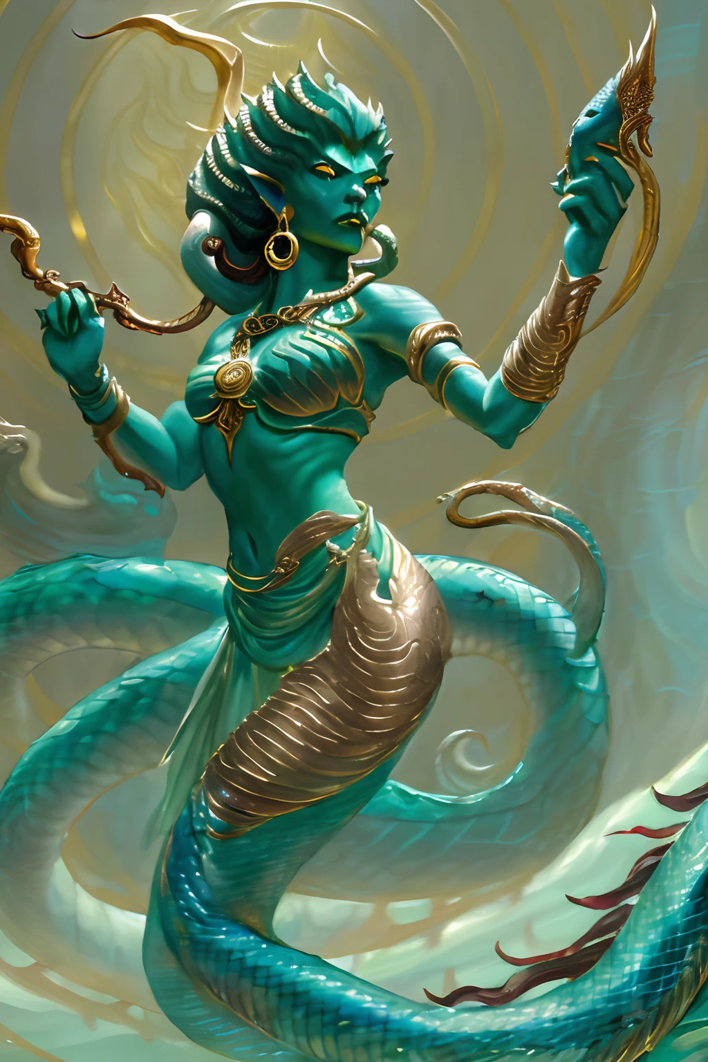 modelshoot style, (extremely detailed CG unity 8k wallpaper), full shot body photo of the most beautiful artwork in the world,,(Naga queen),python,Medusa, sea-maid, ,  nature magic, medieval era, painting by Ed Blinkey, Atey Ghailan, Studio Ghibli, by Jeremy Mann, Greg Manchess, Antonio Moro, trending on ArtStation, trending on CGSociety, Intricate, High Detail, Sharp focus, dramatic, painting art by midjourney and greg rutkowski, teal and gold, petals, countryside,  action pose, casting a spell, green swirling magic