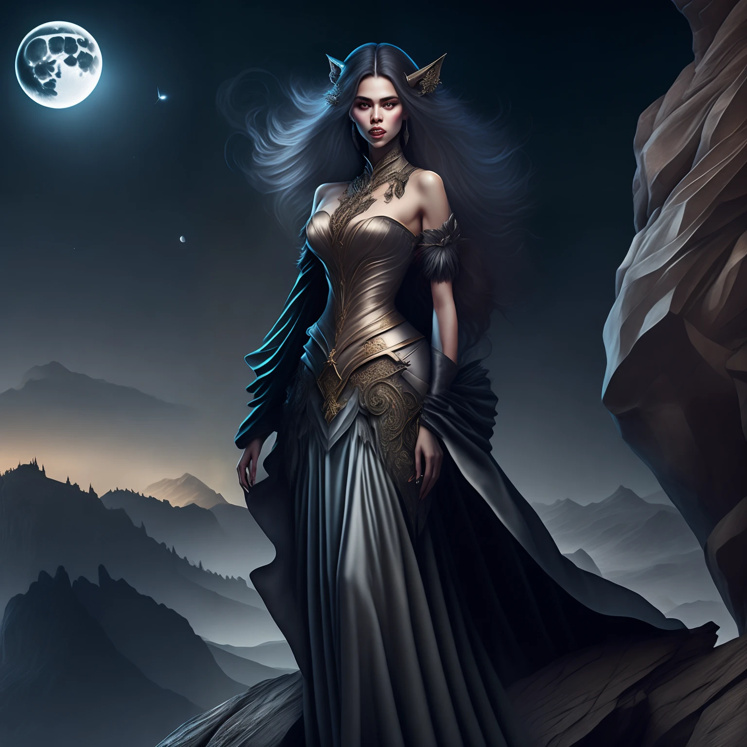 A young female werewolf dressed in a silk gown standing on the edge of a cliff, strong and elegant, with wolf ears, fit and beautiful, looking to her right side, with a full moon in the background, nice body with curves, epic, modern, masterpiece, wallpaper quality, detailed CG,