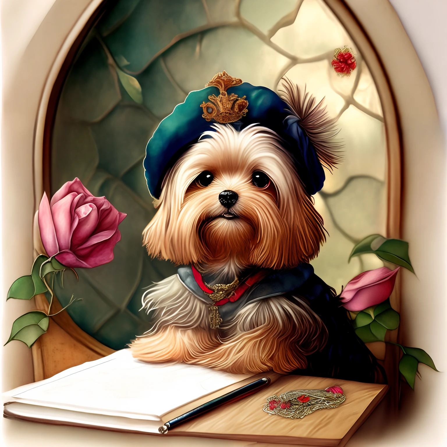 adorable, magic portrait, big eyes, beautiful, cute exhibition, cut Yorkshire Terrier dog poet in a beret with a feather, in antique clothes with jewelry, writing pen in paw, dreamy look, smiles, sitting at an old wooden table and writing poetry, romance, many beautiful patterns, the background behind the poodle is a beautiful room of the old castle, stained glass windows with roses in the window, the atmosphere of Christmas, beauty, detailing, fairy tale, anime watercolor style, isolated on white background
