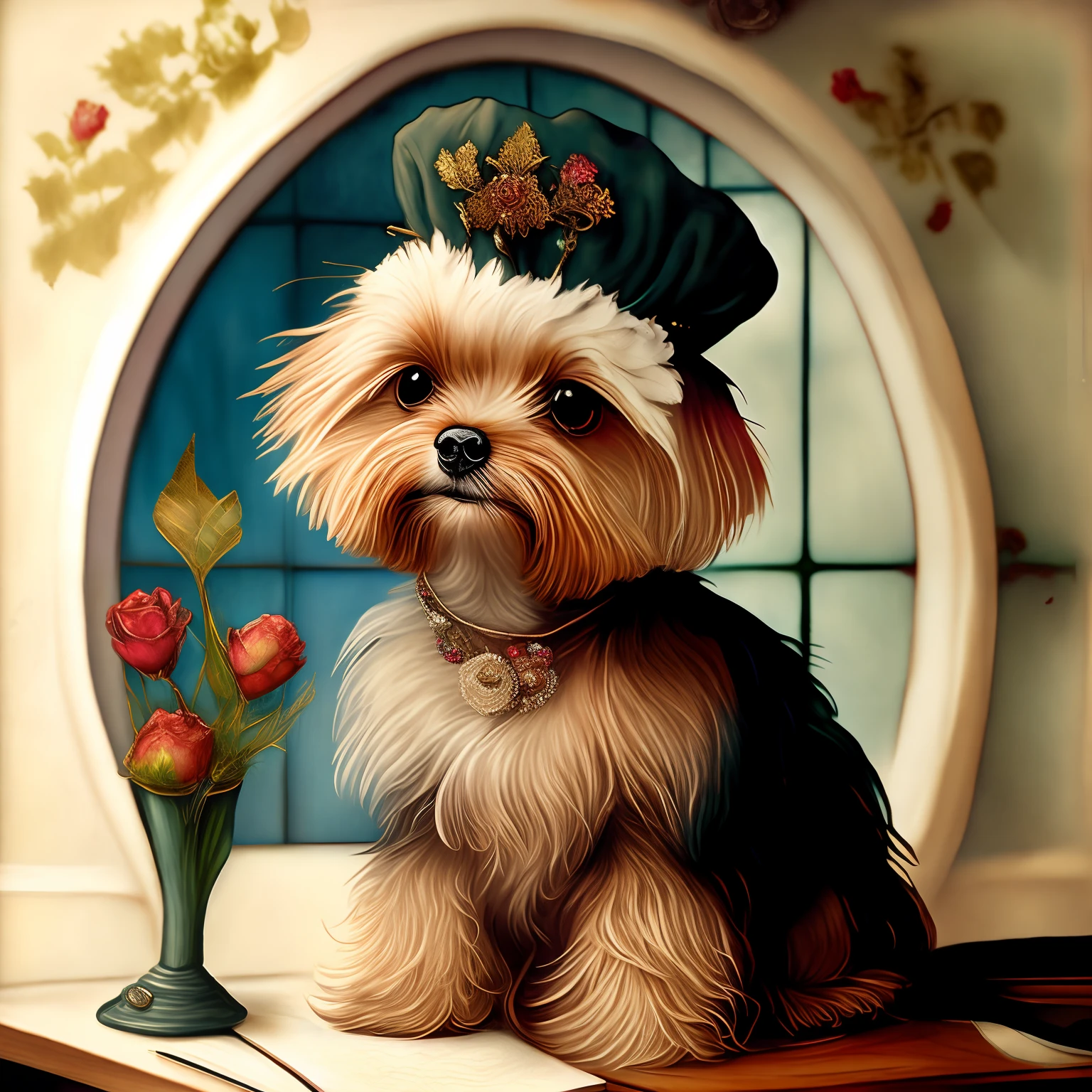 adorable, magic portrait, big eyes, beautiful, cute exhibition, cut Yorkshire Terrier dog poet in a beret with a feather, in antique clothes with jewelry, writing pen in paw, dreamy look, smiles, sitting at an old wooden table and writing poetry, romance, many beautiful patterns, the background behind the poodle is a beautiful room of the old castle, stained glass windows with roses in the window, the atmosphere of Christmas, beauty, detailing, fairy tale, anime watercolor style, isolated on white background