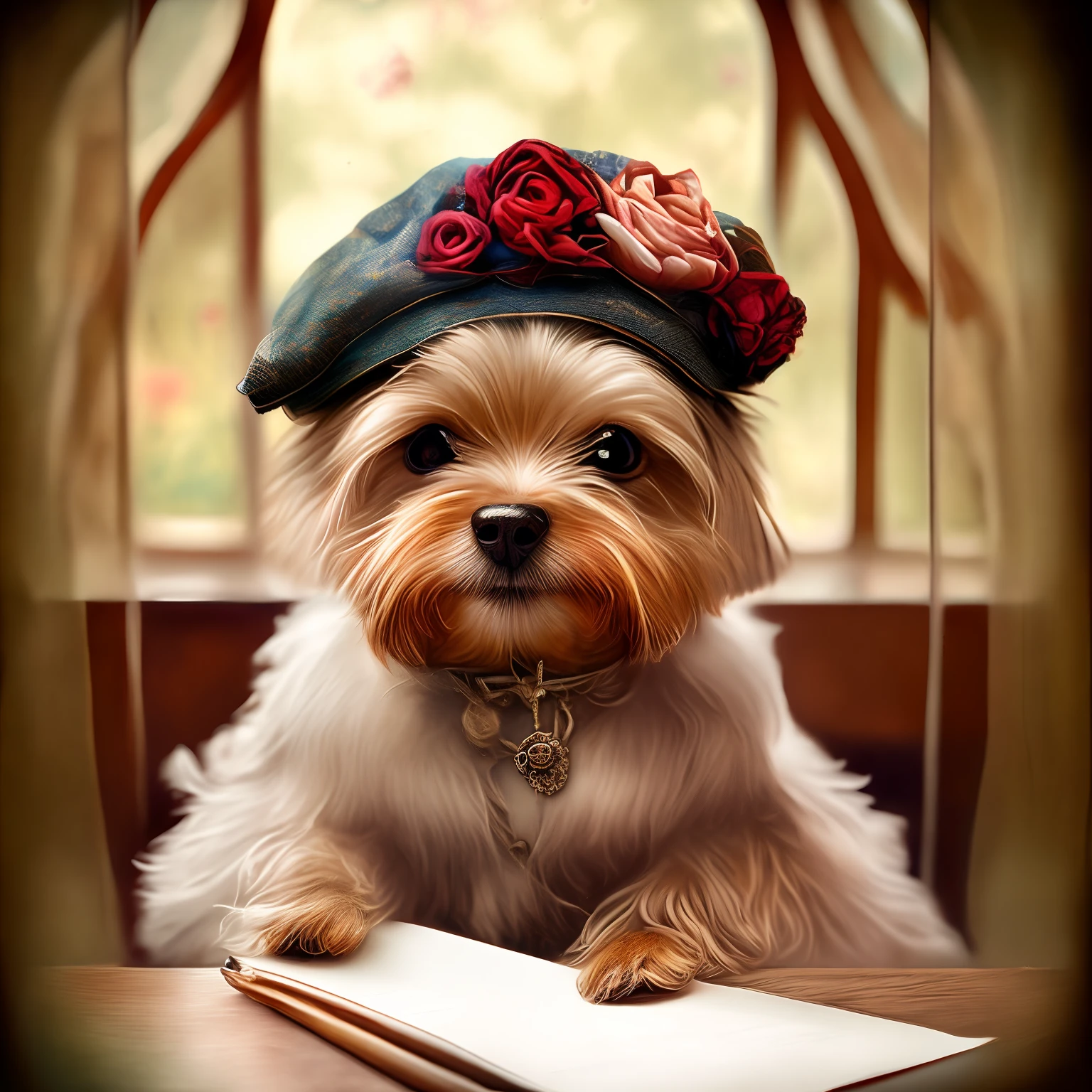 adorable, magic portrait, big eyes, beautiful, cute exhibition, cut Yorkshire Terrier dog poet in a beret with a feather, in antique clothes with jewelry, writing pen in paw, dreamy look, smiles, sitting at an old wooden table and writing poetry, romance, many beautiful patterns, the background behind the poodle is a beautiful room of the old castle, stained glass windows with roses in the window, the atmosphere of Christmas, beauty, detailing, fairy tale, anime watercolor style, isolated on white background