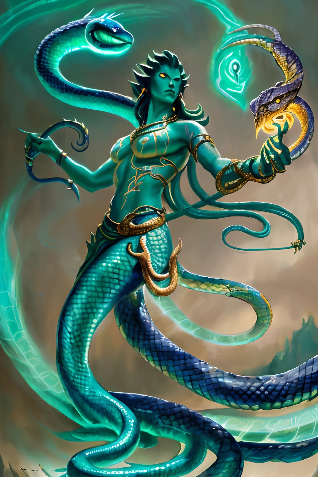 modelshoot style, (extremely detailed CG unity 8k wallpaper), full shot body photo of the most beautiful artwork in the world,,(Snake Naga),python,(Medusa:1.2), sea-maid, , nature magic, medieval era, painting by Ed Blinkey,Atey Ghailan, by Jeremy Mann, Greg Manchess, Antonio Moro, trending on ArtStation, trending on CGSociety, Intricate, High Detail, Sharp focus, dramatic, painting art by midjourney and greg rutkowski, teal and gold, action pose, casting a spell, green swirling magic