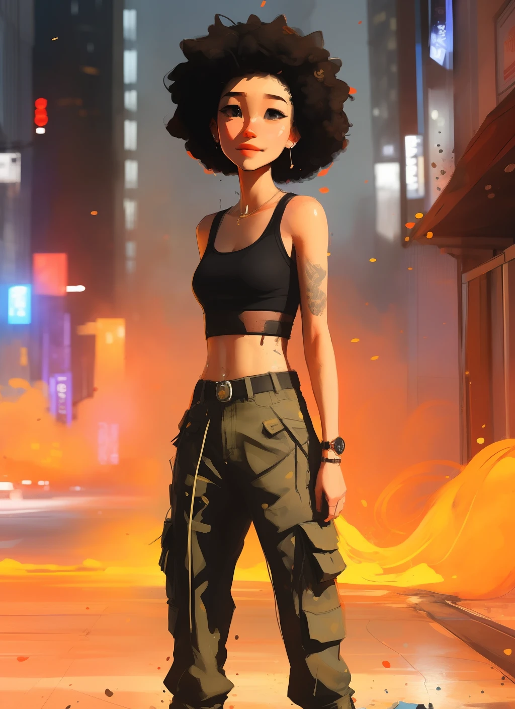 samdoesarts; award winning half body portrait of a beautiful woman in a croptop and cargo pants, military boots, standing on the street faint smile, paint splashes, hair in a bun, splatter, outrun, vaporware, digital art, trending on artstation, highly detailed, fine detail, intricate