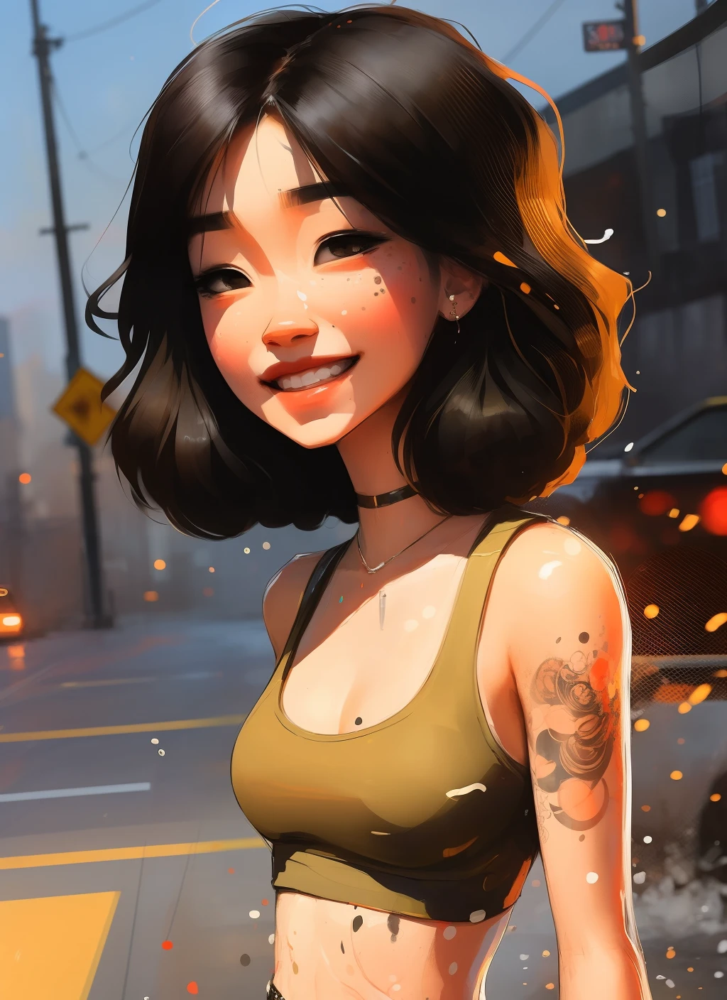 samdoesarts; award winning half body portrait of a beautiful woman in a croptop and cargo pants, military boots, standing on the street faint smile,  paint splashes, hair in a bun, splatter, outrun, vaporware,  digital art, trending on artstation, highly detailed, fine detail, intricate