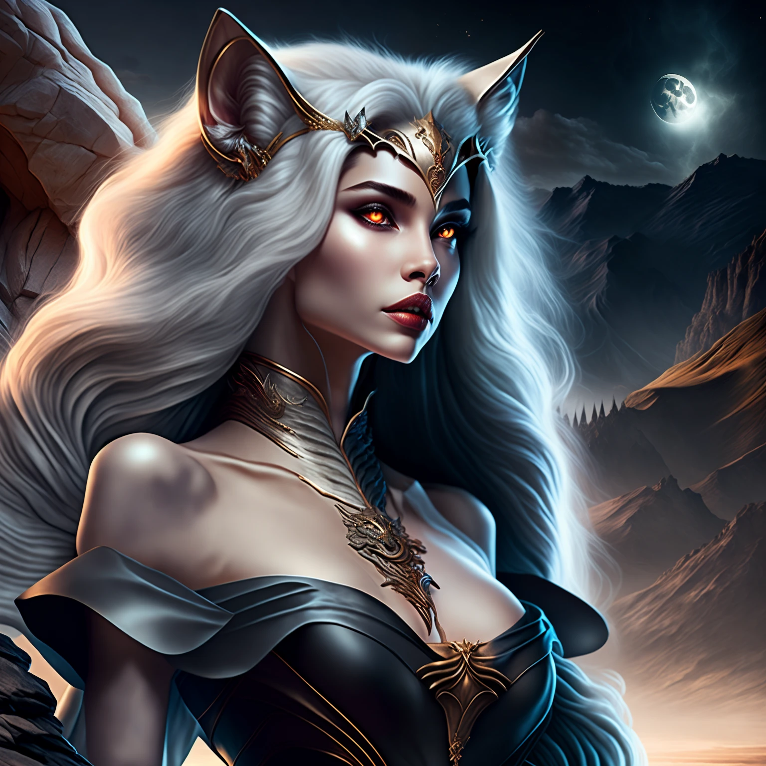 A young female werewolf dressed in a silk gown standing on the edge of a cliff, strong and elegant, with wolf ears, fit and beautiful, looking to her right side, with a full moon in the background, nice body with curves, epic, modern, masterpiece, wallpaper quality, detailed CG, realistic