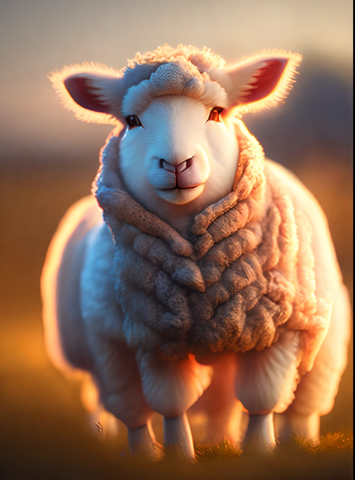 lamb  Fluffy   professional light, depth of field 8k, in the Magic hour, professional photography, octane render, hyper realistic - amazing sunlight, Dynamic composition, Photography, Bokeh
