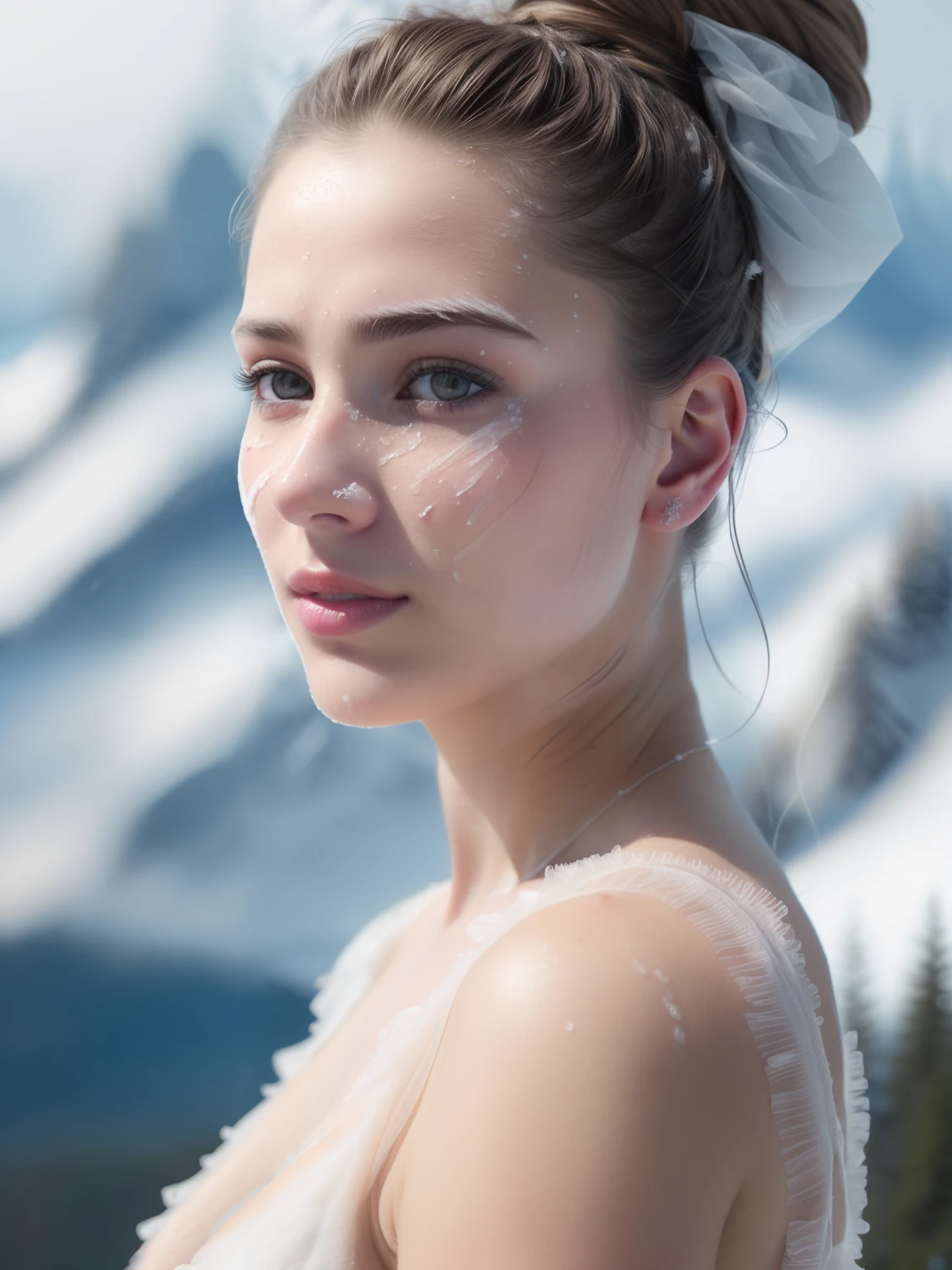 best ratio four finger and one thumb, attractive stunning Ukrainian woman, (messy bun), skin pores, behind glacial mountains, snow, (high detailed skin:1.1), film grain, Fujifilm XT3, (high detailed face:1.1), (soothing tones:1.25), (hdr:1.25), (artstation:1.2), dramatic, (intricate details:1.14), (hyperrealistic 3d render:1.16), (filmic:0.55), (rutkowski:1.1), (faded:1.3), ((partially exposed nipples))