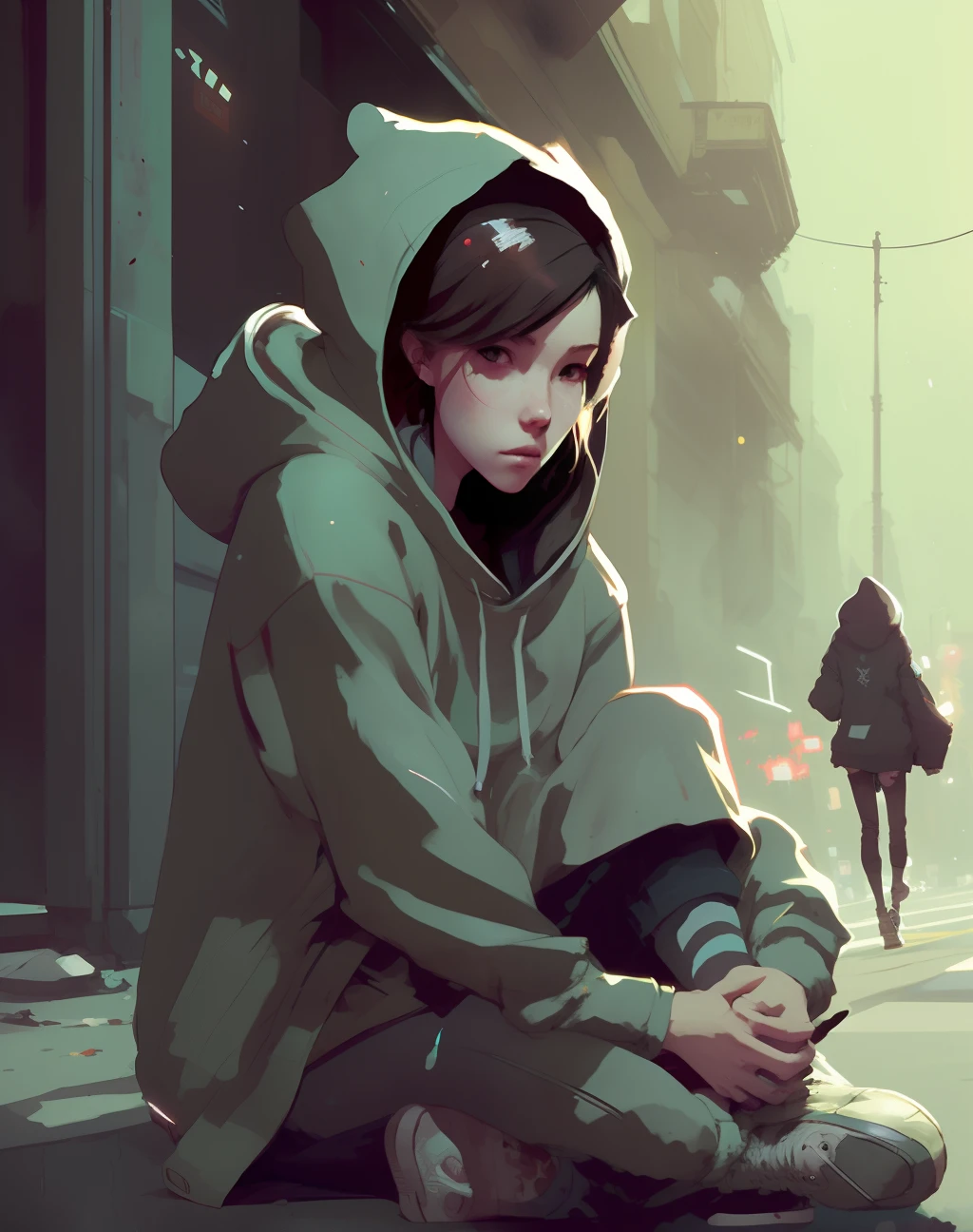 teen girl  in hoodie sitting on the floor on the street, by Dustin Nguyen, Akihiko Yoshida, Greg Tocchini, Greg Rutkowski, Cliff Chiang, 4k resolution, detailed render, post-processing, hyperdetailed face, face at camera, epic background