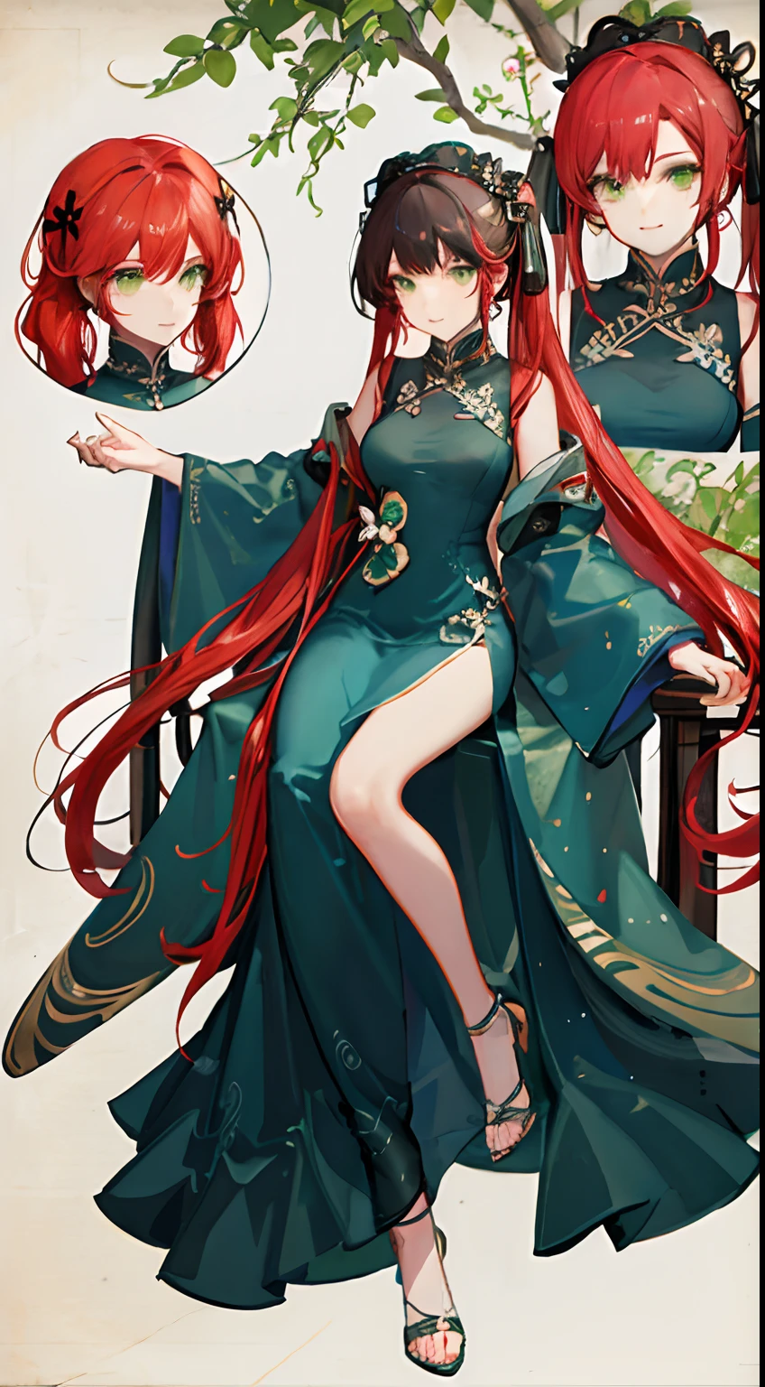 girl,full body,(detailed face:1.2), masterpiece, fashion,chinese dress,, red hair, black hair, twintails, blunt bangs, green eyes,