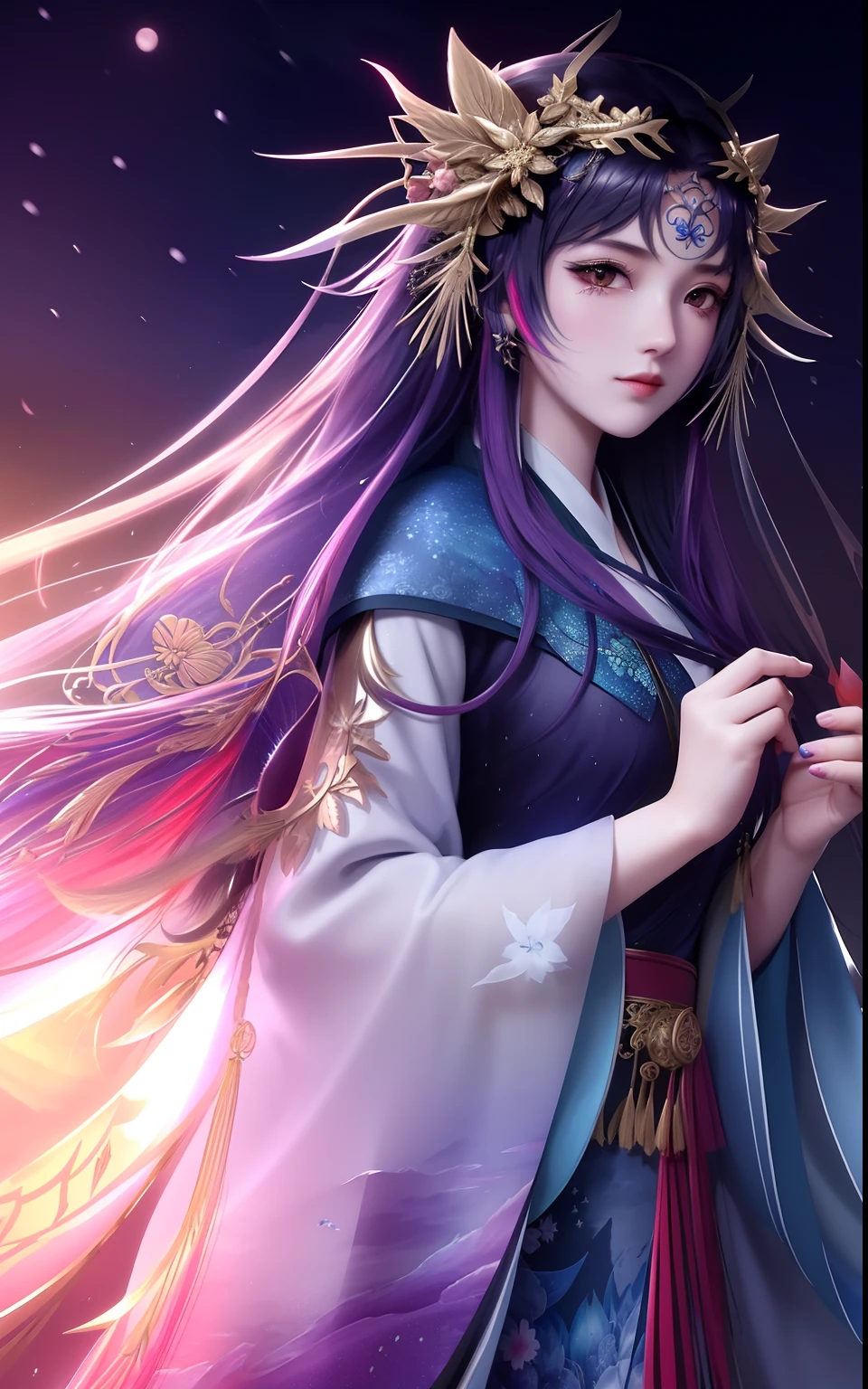 dramatic angle,(fluttered detailed color splashs), (illustration),(((1 girl))),(long hair),(rain:0.9),(hair ornament:1.4),there is an ancient palace beside the girl,chinese clothes,(focus on), color Ink wash painting,(color splashing),colorful splashing,(((colorful))),(sketch:0.8), Masterpiece,best quality, beautifully painted,highly detailed,(denoising:0.6),[splash ink],((ink refraction)), (beautiful detailed sky),moon,highly,detaild,(masterpiece, best quality, extremely detailed CG unity 8k wallpaper,masterpiece, best quality, ultra-detailed),(Lycoris radiata)