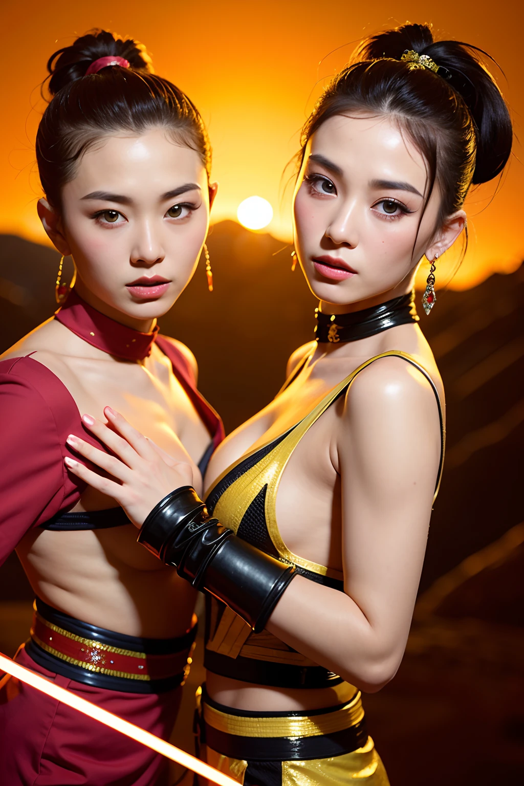 good hand,4k, high-res, masterpiece, best quality, head:1.3, (Korean K-pop idol), finely detailed skin, sharp focus, (cinematic lighting), collarbone, morning, soft lighting, dynamic angle, [:(detailed face:1.2):0.2], armpit crease, thigh gap, red clothes, slender, medium breasts, cleavage,
An award-winning waist-up photo featuring two male Peking Opera performers from rural China in the 1980s performing a fight scene with lightsabers from Star Wars, against the backdrop of a yellow soil slope in rural China. The photo has high contrast, glowing skin, backlighting, bloom, chromatic aberration, and sharp focus.