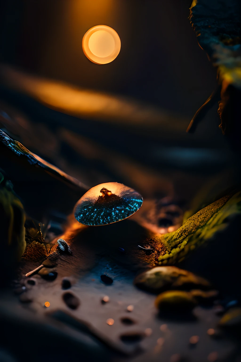 sticker night scene, close up photo of ants hiding in the shadow of a mushroom on the forest floor as a cat passes by in the background STY_SCG_Portrait512 award winning, masterpiece, 4k 8k uhd copyright