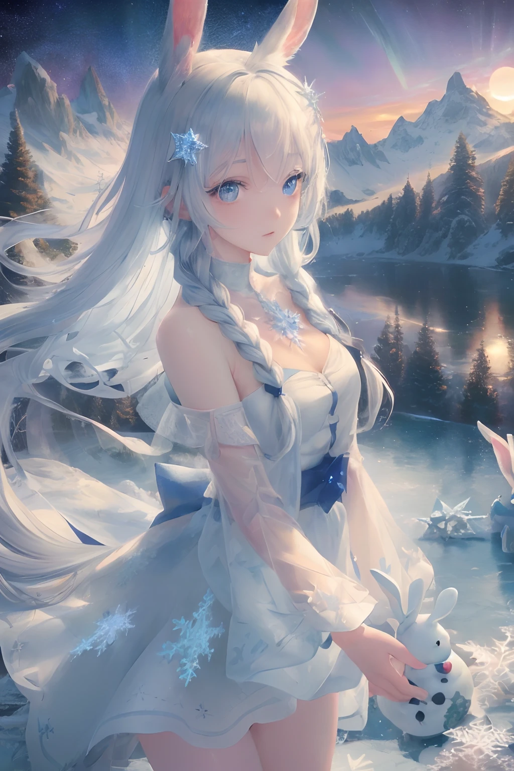 art by Cornflower, dreamy
(original, (masterpiece), (illustration:1.1), (detailed and beautiful), (perfect details), (unity CG 8K wallpaper:1.05), (beautiful and clear background:1.25), (depth of field:0.75), (1 (cute young girl:0.9) with long silver hair, ((snowflake:0.4) head ornament on hair:1.1) and (rabbit ears:1.1) stands aside the (frozen lake with (forest and mountain:1.1):1.35) under the (sunset:1.2) in the (winter:0.65):1.1). (detailed beautiful eyes:1.2), (beautiful face:1.2), (hair blowing with the wind:1.05), (blue eye:1.1), solo, (snow:0.4), aurora, stars.), TEST_PROMPT