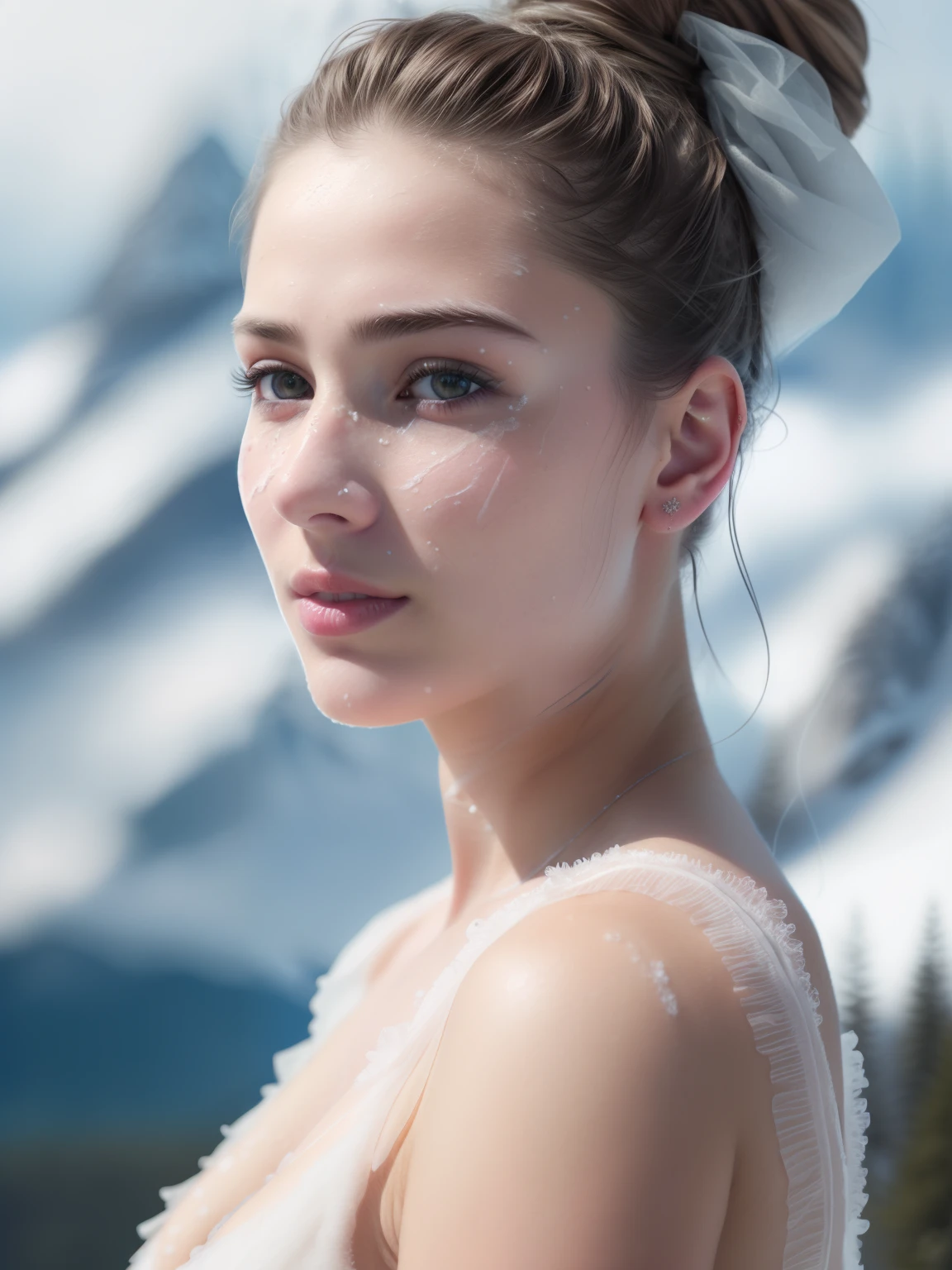 best ratio four finger and one thumb, attractive stunning Ukrainian woman, (messy bun), skin pores, behind glacial mountains, snow, (high detailed skin:1.1), film grain, Fujifilm XT3, (high detailed face:1.1), (soothing tones:1.25), (hdr:1.25), (artstation:1.2), dramatic, (intricate details:1.14), (hyperrealistic 3d render:1.16), (filmic:0.55), (rutkowski:1.1), (faded:1.3), ((partially exposed ))