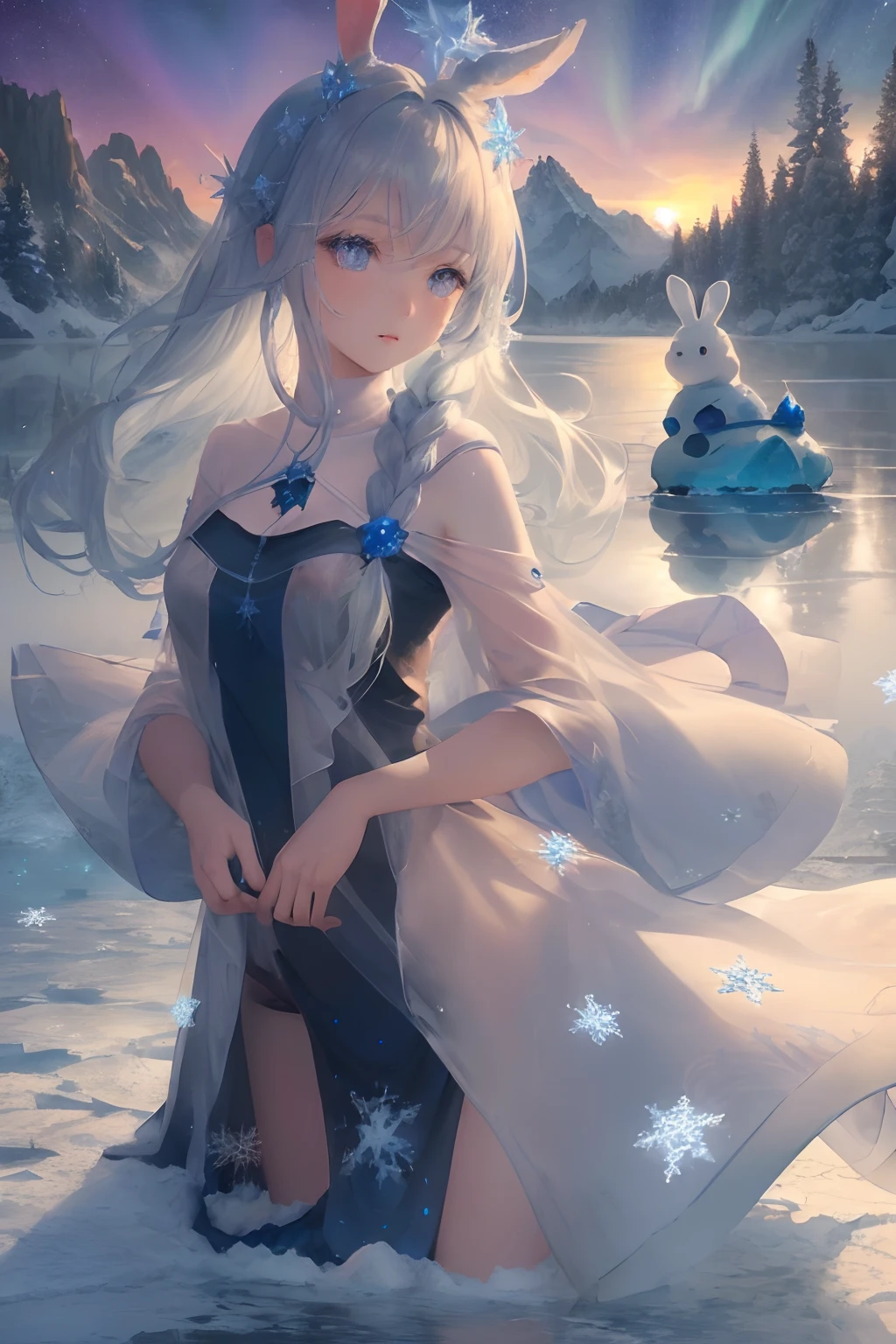 art by Cornflower, dreamy
(original, (masterpiece), (illustration:1.1), (detailed and beautiful), (perfect details), (unity CG 8K wallpaper:1.05), (beautiful and clear background:1.25), (depth of field:0.75), (1 (cute young girl:0.9) with long silver hair, ((snowflake:0.4) head ornament on hair:1.1) and (rabbit ears:1.1) stands aside the (frozen lake with (forest and mountain:1.1):1.35) under the (sunset:1.2) in the (winter:0.65):1.1). (detailed beautiful eyes:1.2), (beautiful face:1.2), (hair blowing with the wind:1.05), (blue eye:1.1), solo, (snow:0.4), aurora, stars.), TEST_PROMPT