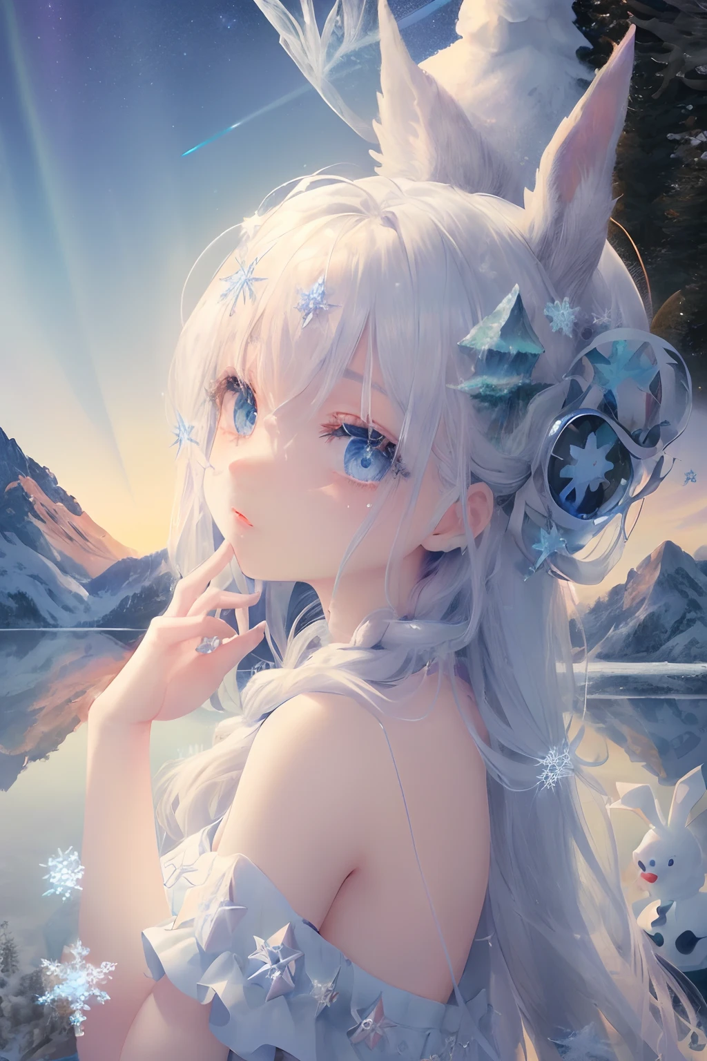 art by Cornflower, dreamy
(original, (masterpiece), (illustration:1.1), (detailed and beautiful), (perfect details), (unity CG 8K wallpaper:1.05), (beautiful and clear background:1.25), (depth of field:0.75), (1 (cute young girl:0.9) with long silver hair, ((snowflake:0.4) head ornament on hair:1.1) and (rabbit ears:1.1) stands aside the (frozen lake with (forest and mountain:1.1):1.35) under the (sunset:1.2) in the (winter:0.65):1.1). (detailed beautiful eyes:1.2), (beautiful face:1.2), (hair blowing with the wind:1.05), (blue eye:1.1), solo, (snow:0.4), aurora, stars.),hello world