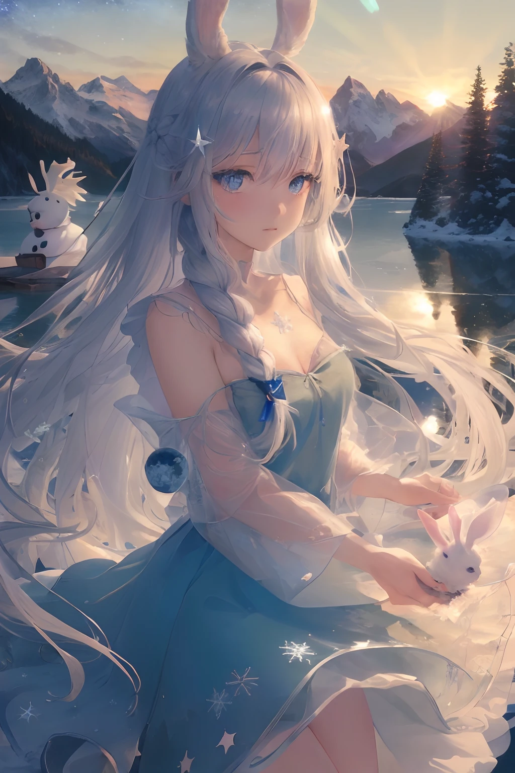 art by Cornflower, dreamy
(original, (masterpiece), (illustration:1.1), (detailed and beautiful), (perfect details), (unity CG 8K wallpaper:1.05), (beautiful and clear background:1.25), (depth of field:0.75), (1 (cute young girl:0.9) with long silver hair, ((snowflake:0.4) head ornament on hair:1.1) and (rabbit ears:1.1) stands aside the (frozen lake with (forest and mountain:1.1):1.35) under the (sunset:1.2) in the (winter:0.65):1.1). (detailed beautiful eyes:1.2), (beautiful face:1.2), (hair blowing with the wind:1.05), (blue eye:1.1), solo, (snow:0.4), aurora, stars.), TEST_PROMPT