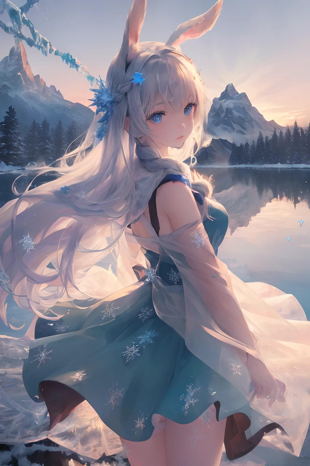 art by Cornflower, dreamy
(original, (masterpiece), (illustration:1.1), (detailed and beautiful), (perfect details), (unity CG 8K wallpaper:1.05), (beautiful and clear background:1.25), (depth of field:0.75), (1 (cute young girl:0.9) with long silver hair, ((snowflake:0.4) head ornament on hair:1.1) and (rabbit ears:1.1) stands aside the (frozen lake with (forest and mountain:1.1):1.35) under the (sunset:1.2) in the (winter:0.65):1.1). (detailed beautiful eyes:1.2), (beautiful face:1.2), (hair blowing with the wind:1.05), (blue eye:1.1), solo, (snow:0.4), aurora, stars.)