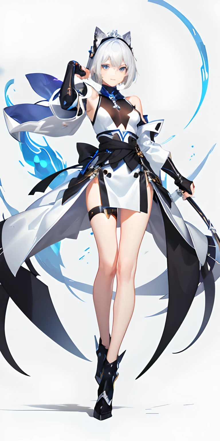 Name: Silver Moon
Occupation: Ninja
Gender: Female
Age: 20 years old
Height: 165cm
Body type: Slender, well-proportioned
Hairstyle: Long straight black hair, slightly flipped outwards, with a silver white headpiece
Eyes: Deep and mysterious blue eyes, wearing a pair of black-framed glasses
Clothing: Black tight suit, with white cloak and silver shoulder pads, black arm guards and hand guards on the arms, red ribbon tied around the waist, wearing leather boots with hidden iron claws on the soles, and a silver leg ring on the left leg
Weapon: Two silver ninja swords, with moon patterns carved on the blade
Personality: Steady, calm, finishing tasks cleanly, occasionally showing a playful smile
Pose: Standing pose stretching and yawning, both hands stretched above the head, body slightly bent to the left, right leg slightly bent, left leg behind the body, slightly raised