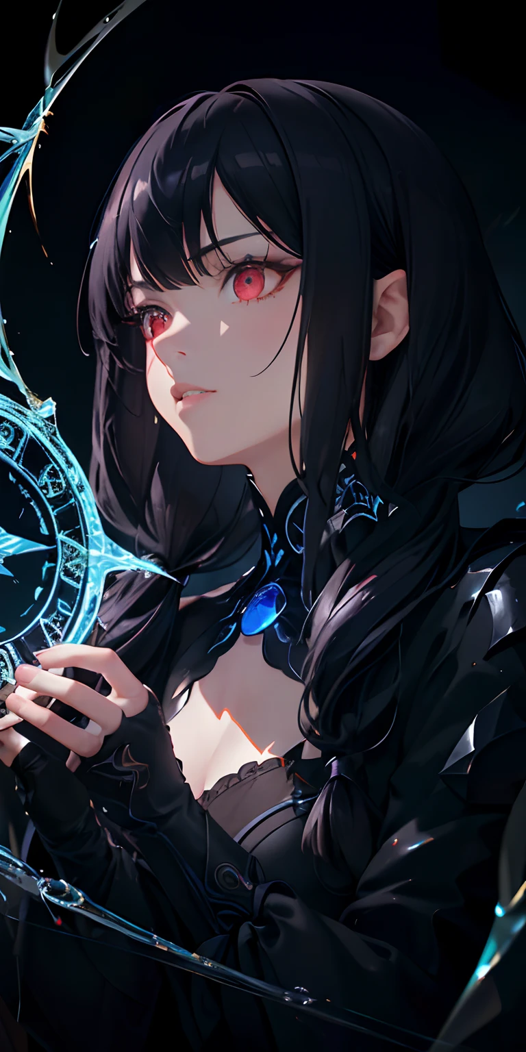 (masterpiece, best quality, ultra-detailed, best shadow), (detailed background,dark fantasy), (beautiful detailed face), high contrast, (best illumination, an extremely delicate and beautiful), ((cinematic light)), colorful, hyper detail, dramatic light, intricate details, (1 girl, solo,black hair, sharp face,low twintails,red eyes, hair between eyes,dynamic angle), blood splatter, swirling black light around the character, depth of field,black light particles,(broken glass),magic circle,