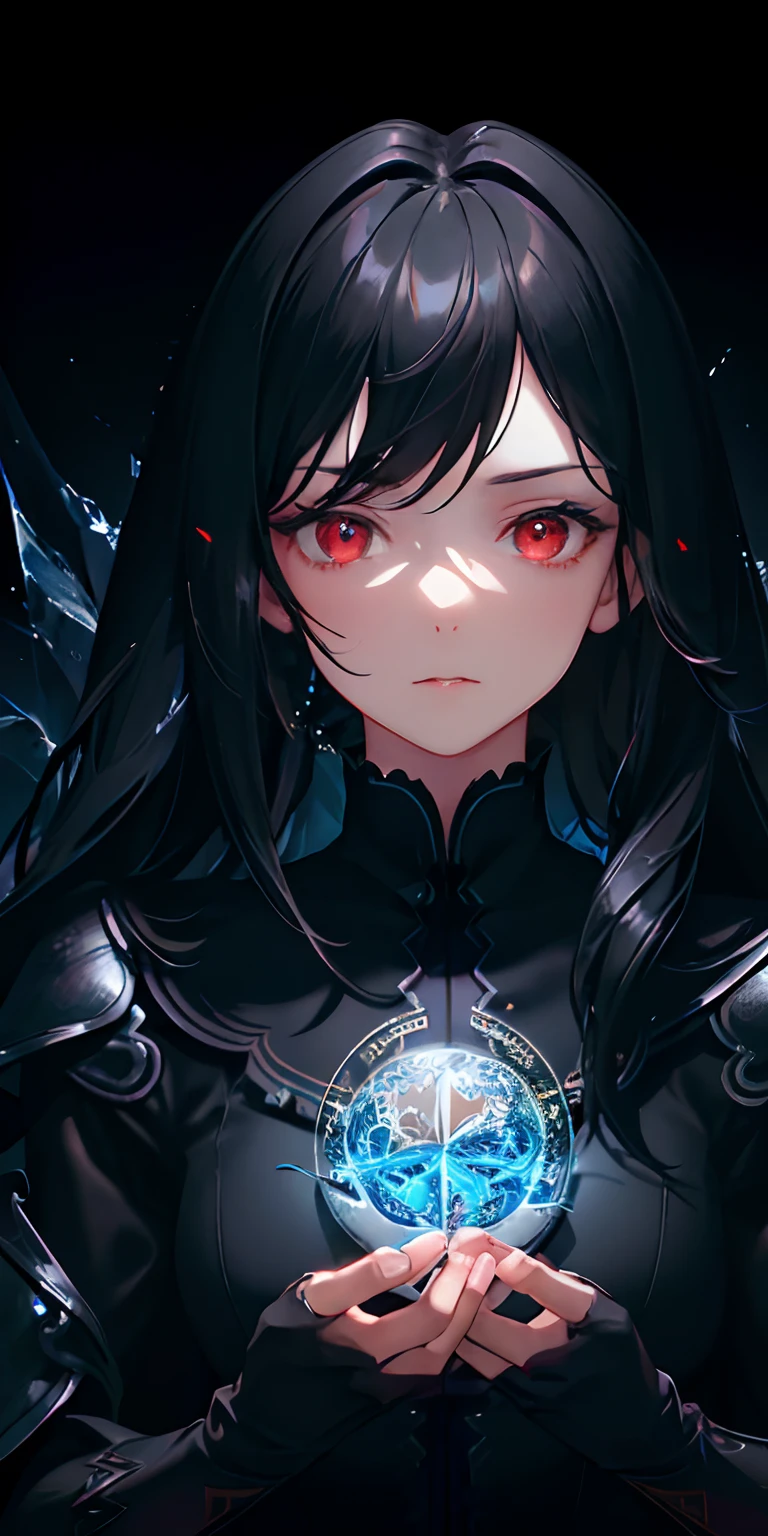 (masterpiece, best quality, ultra-detailed, best shadow), (detailed background,dark fantasy), (beautiful detailed face), high contrast, (best illumination, an extremely delicate and beautiful), ((cinematic light)), colorful, hyper detail, dramatic light, intricate details, (1 girl, solo,black hair, sharp face,low twintails,red eyes, hair between eyes,dynamic angle), blood splatter, swirling black light around the character, depth of field,black light particles,(broken glass),magic circle,