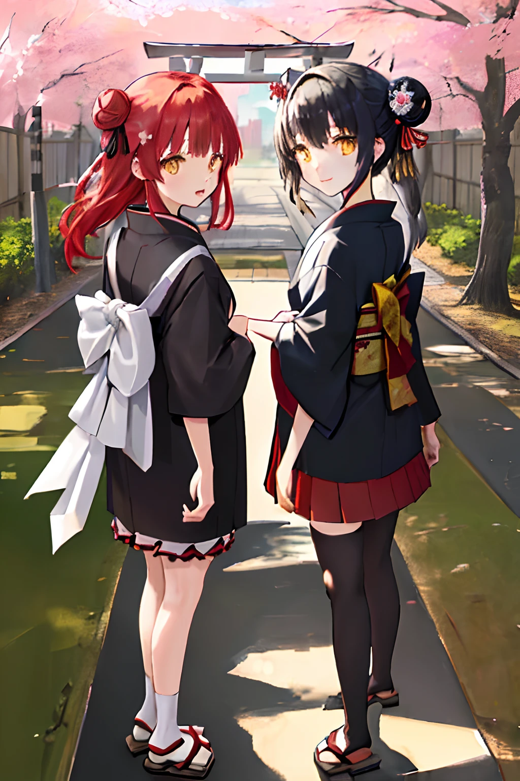 ((masterpiece,best quality)),2girls, black kimono, black legwear, black ribbon, black hair, cherry blossoms, day, flower, hair bun, hair ribbon, japanese clothes, kimono, long hair, looking at viewer, looking back, multiple girls, obi, outdoors, red eyes, red hair, ribbon, sandals, single hair bun, stairs, standing, statue, torii, tree, white kimono, yellow eyes