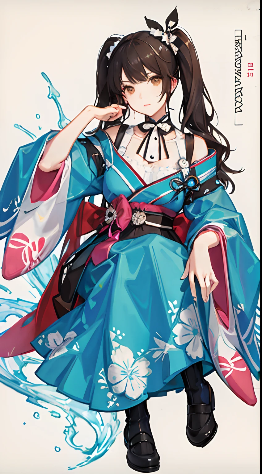 girl,full body,(detailed face:1.2), pure background,masterpiece, fashion,tokyo,harajuku,, medium hair, black hair, twintails, blunt bangs, brown eyes,
