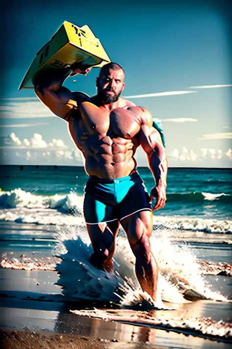 On a sunny day at the beach, a muscle-bound man strides across the sand, his impressive physique drawing stares from passersby. He wears nothing but a pair of swim trunks, leaving his rippling muscles on full display. In one hand, he carries a massive backhoe, easily weighing hundreds of pounds.
As he approaches the water's edge, the man pauses, looking out at the waves crashing against the shore. With a determined look on his face, he hoists the backhoe onto his broad shoulders, the muscles in his arms bulging with effort. The weight of the machine seems to barely faze him, as he starts to wade out into the water.
The beachgoers watch in awe as the man continues deeper into the ocean, the waves growing higher and more tumultuous around him. But he remains steadfast, his grip on the backhoe unyielding.
In the style of a classic action movie poster, the world around the man comes alive with bold lines and dramatic colors. The ocean swirls and churns, with foaming waves towering over the man's head. The muscles in his arms and legs bulge with raw power, and his expression is one of grim determination.
As the man reaches a spot where the waves are at their strongest, he plants his feet firmly in the sand, his back straightening with a sudden surge of strength. With a roar of effort, he lifts the backhoe high into the air, holding it aloft for a moment before hurling it forward with all his might.
The machine crashes into the water with a deafening splash, sending waves cascading in every direction. The beachgoers erupt into cheers and applause as the man wades back to shore, his mission accomplished. He sets the backhoe down on the sand, his muscles still rippling with exertion, and looks out at the ocean with a sense of pride and satisfaction.