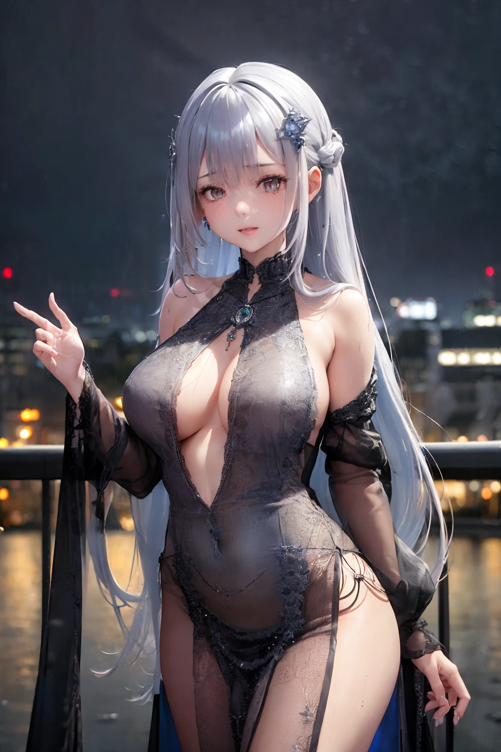 (8k, best quality, masterpiece:1.2),1girl,hair ornament, portrait, (long loose silver revealing dress:1.1), necklace, blue nails,cute,cityscape, night, rain, wet, professional lighting, photon mapping, radiosity, physically-based rendering,(mature female:1.1), (intricate detailed , taut clothes, hair ornament :1.2),Transparent clothes
