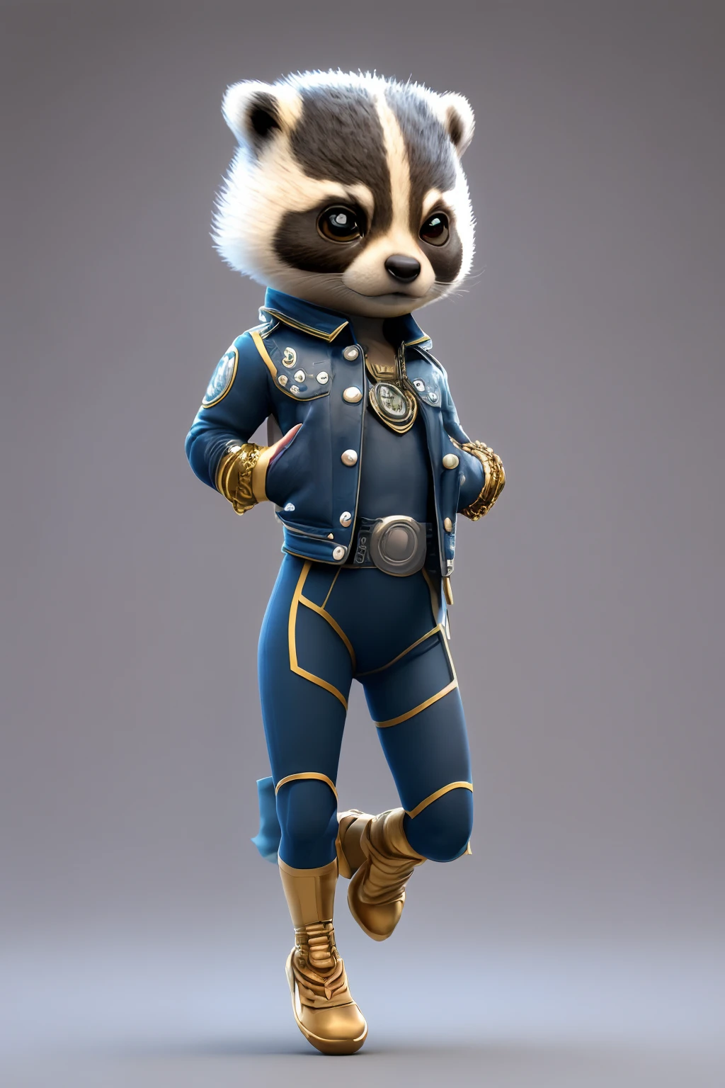 CBZBB, (Badger), ((animal personification)), (human body), (female), (whole body), (suit), ((gangster))), four-headed body, HD, sexy, beautiful, (((( Game design )))), design, 3D rendering, detail eyes, 4k, digital art, verisimilitude, miniaturization, movie Lighting,