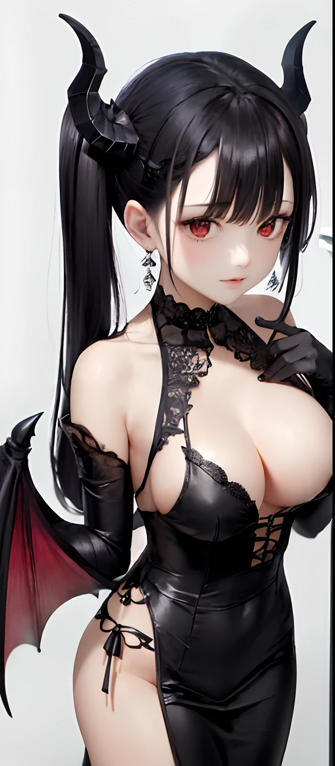 [monochrome:muted color:0.6] theme, (masterpiece), (best quality), (detailed), light layer, lustrous skin, (intricate detailed , taut clothes, , demon wings,hair ornament :1.2), from above, black hair, black choker, long hair, hime cut, blunt bangs, sidelocks, red eyes, holding quarterstaff,holding scythe,holding sword, (mature female:1.1), [uncensored, NSFW, nipples], (lactation), side-ponytails BREAK (simple background:1.1),