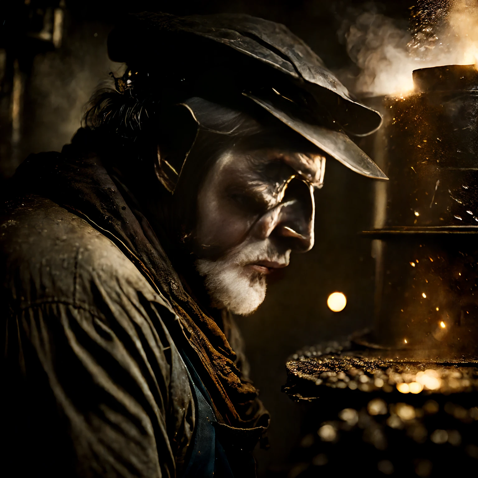 macro crisp quality, wet plate photograph close up of factory worker in Victorian era boiler room, rough skin, sad eyes, sparkles, age 64, coal dust in the air, unreal engine, UE5, cinematic, very detailed, sony A7iii, 85mm prime, f/1.8, octane render + hyper realistic, Photograph