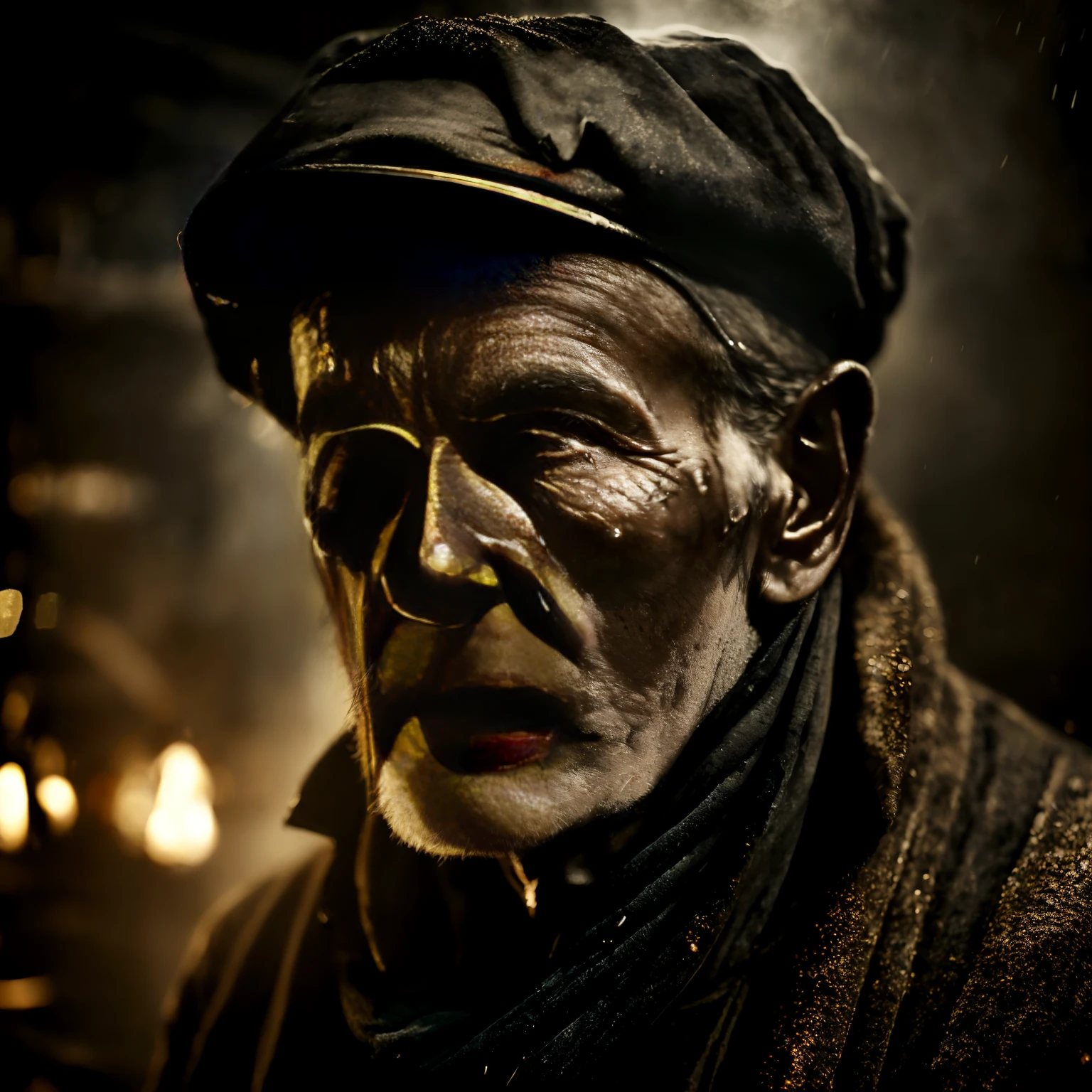 macro crisp quality, wet plate photograph close up of factory worker in Victorian era boiler room, rough skin, sad eyes, sparkles, age ??, coal dust in the air, unreal engine, UE5, cinematic, very detailed, sony A7iii, 85mm prime, f/1.8, octane render + hyper realistic, Photograph