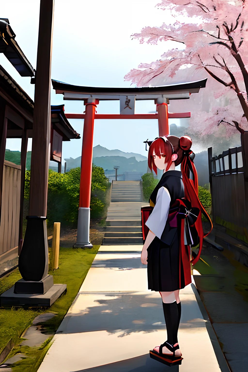 ((masterpiece,best quality)),2girls, black kimono, black legwear, black ribbon, black hair, cherry blossoms, day, flower, hair bun, hair ribbon, japanese clothes, kimono, long hair, looking at viewer, looking back, multiple girls, obi, outdoors, red eyes, red hair, ribbon, sandals, single hair bun, stairs, standing, statue, torii, tree, white kimono, yellow eyes