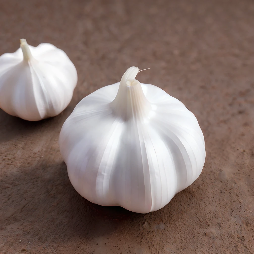 A white garlic, scattered around garlic cloves, light source from right to left, Rumbrandt lighting, light source from right to left, (isometric view), (top-down), realistic scale, post-processing, ((orthogonal perspective)), super detail, realistic, super realistic, realistic render