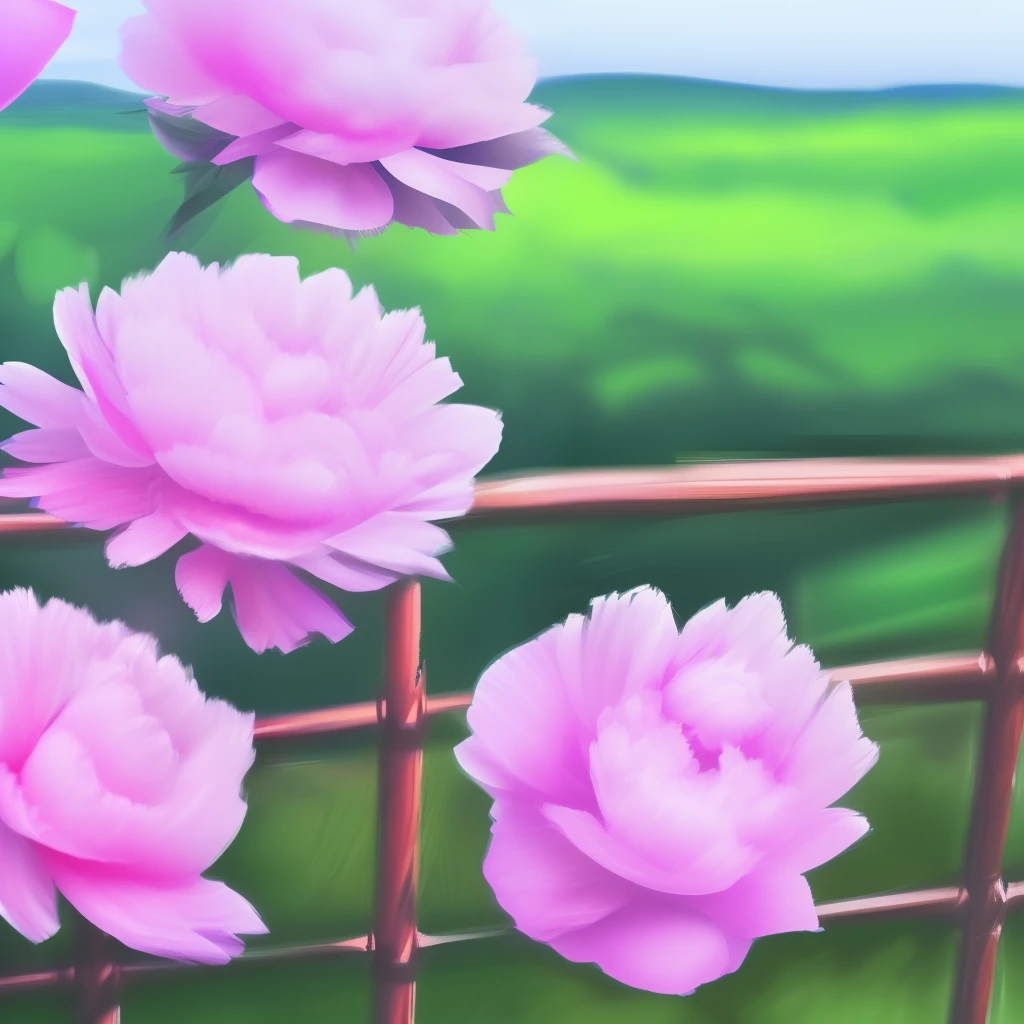 Peonies on the fence,Realistic style,delicate and charming,early morning,Focus on flowers,with green mountains and waters as the background