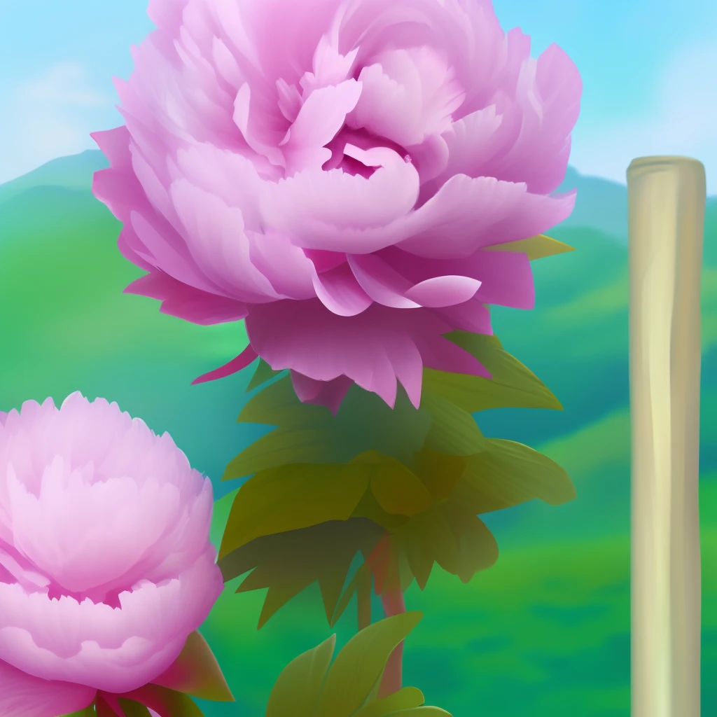 Peonies on the fence,Realistic style,delicate and charming,early morning,Focus on flowers,with green mountains and waters as the background