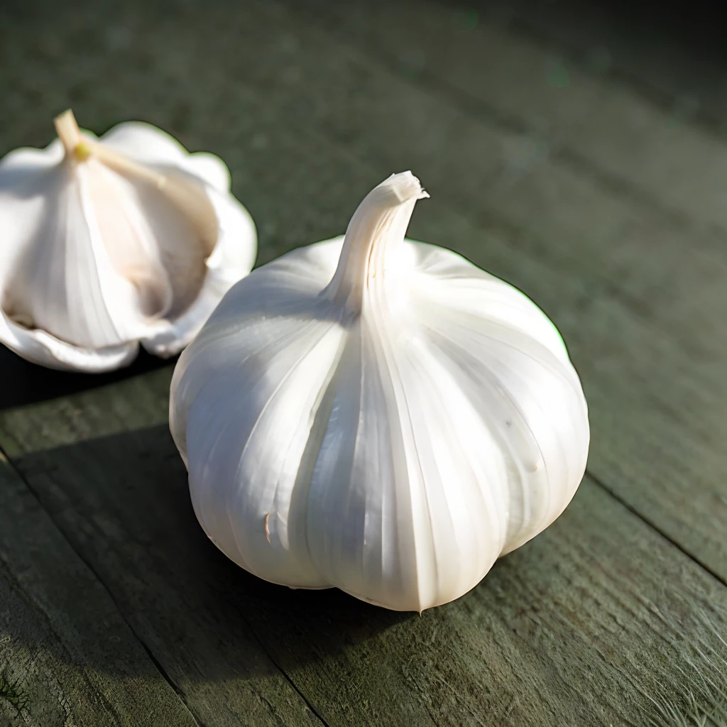 A white garlic, scattered around garlic cloves, light source from right to left, Rumbrandt lighting, light source from right to left, (isometric view), (top-down), realistic scale, post-processing, ((orthogonal perspective)), super detail, realistic, super realistic, realistic render