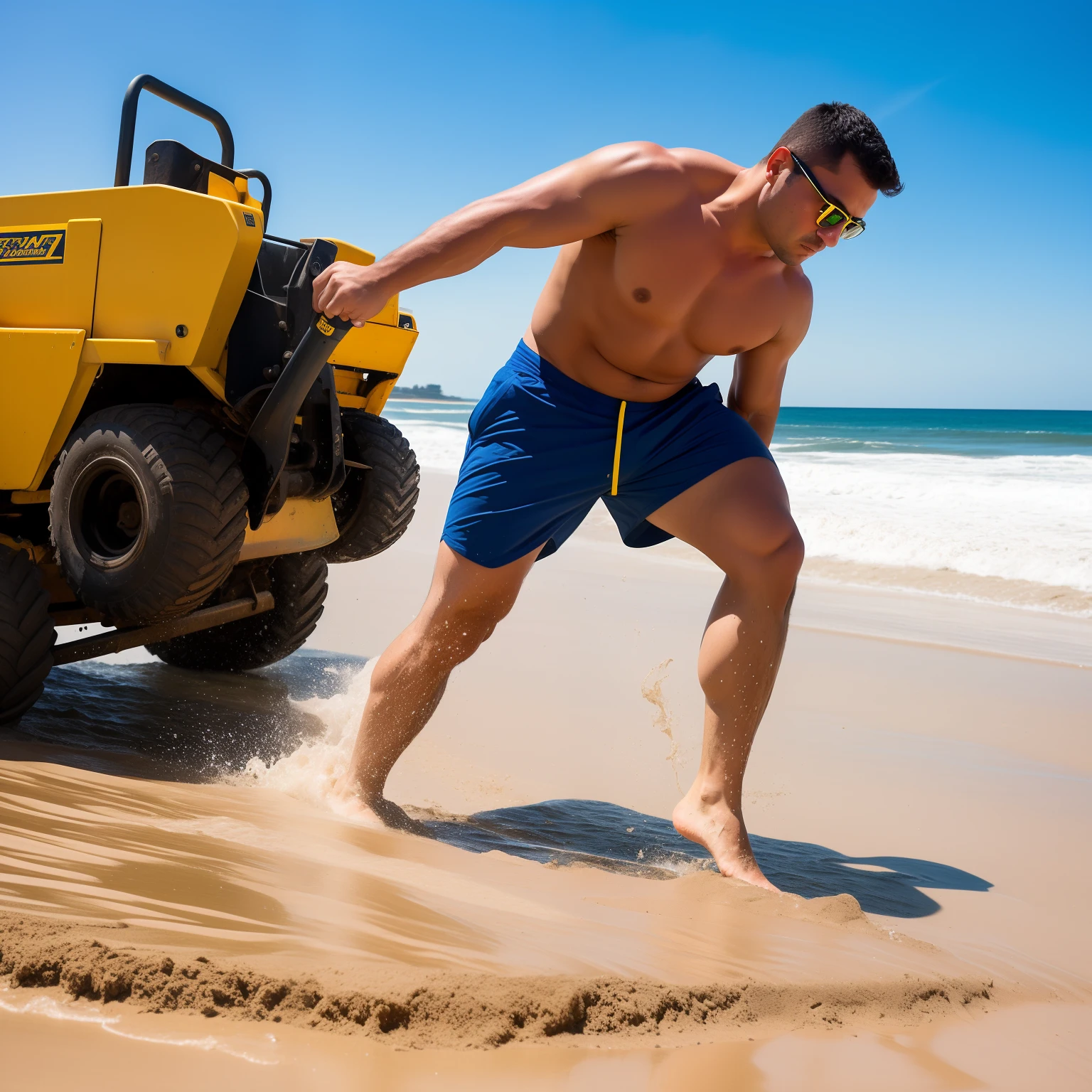 On a sunny day at the beach, a muscular man strides across the sand, his broad shoulders and bulging biceps drawing attention from everyone around him. He wears nothing but a pair of shorts, his tanned skin glistening with sweat under the bright sun. In one hand, he carries a massive digger, its mechanical arms and wheels dwarfed by his powerful frame.
As he approaches the shoreline, the man pauses, surveying the stretch of sand before him. Without hesitation, he trudges into the shallow water, his powerful legs churning through the waves. The digger bobs on the surface behind him, its weight no match for his immense strength.
In the style of a graphic novel, the world around the man is rendered in bold lines and vivid colors. The beach is alive with the hustle and bustle of sun-seekers, but all eyes are on the man as he moves steadily forward. The sun beats down on him, casting harsh shadows over his rippling muscles.
As he reaches the wet sand, the man sets the digger down with a grunt, its metal frame clanging against the ground. With deft fingers, he begins to work the controls, the machinery whirring to life under his skilled touch.
The digger's arms and buckets swing into action, carving deep furrows in the sand as the man works tirelessly. Sweat drips down his forehead, but his focus never wavers as he manipulates the heavy equipment with ease.
As the day wears on, the beach transforms before his eyes, a testament to his skill and strength. The digger moves in perfect sync with his movements, carving out space for sunbathers, building towering sandcastles, and smoothing out the uneven terrain.
In the end, the man stands back to survey his work, his chest heaving with exertion. The beach is transformed, a stunning tribute to his power and skill. The digger stands idle beside him, but the man's strength and determination linger in the air long after he has gone.