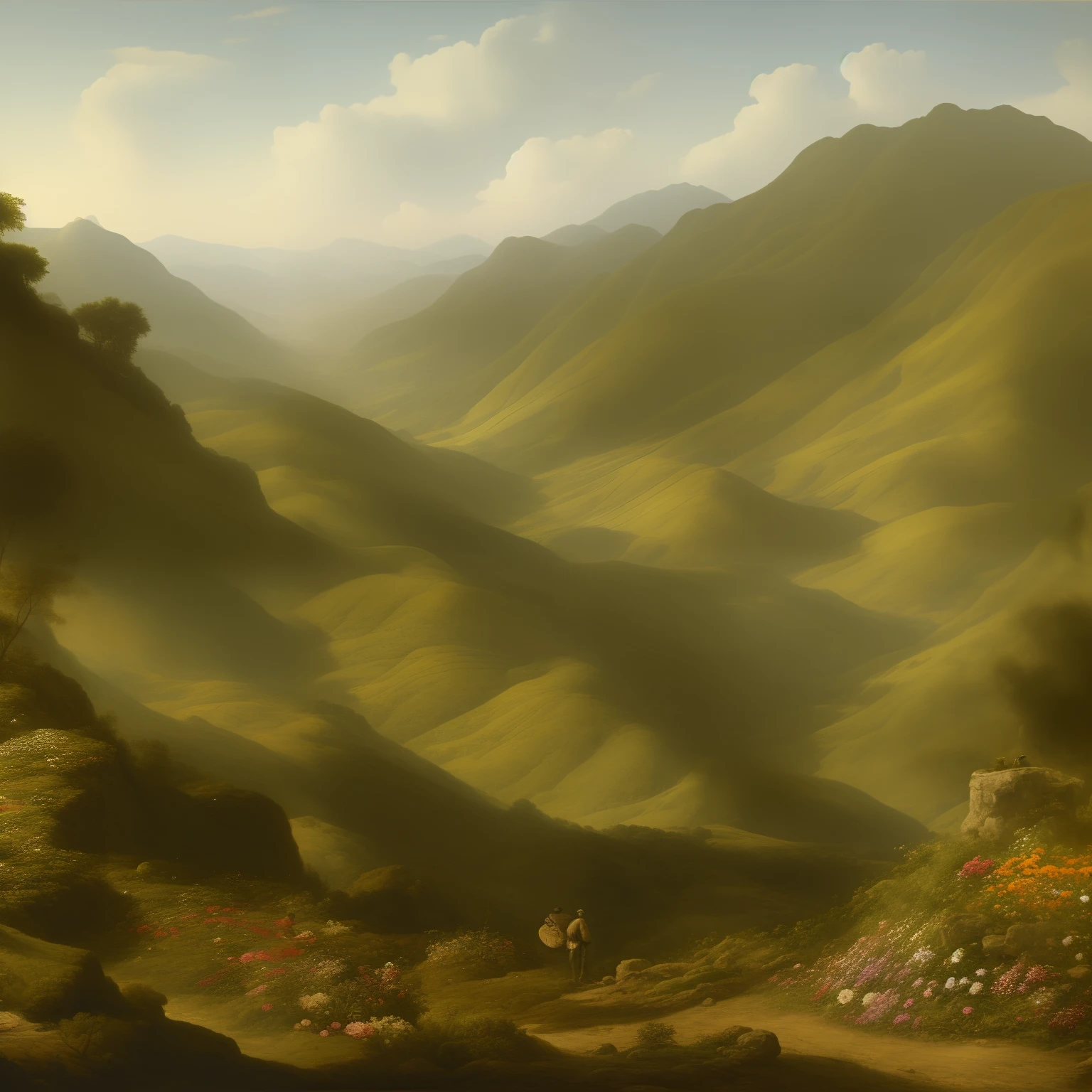 early morning,Against the backdrop of continuous green mountains,Decorate some flowers in the lower left corner of the image and two-thirds below the overall right side of the image,