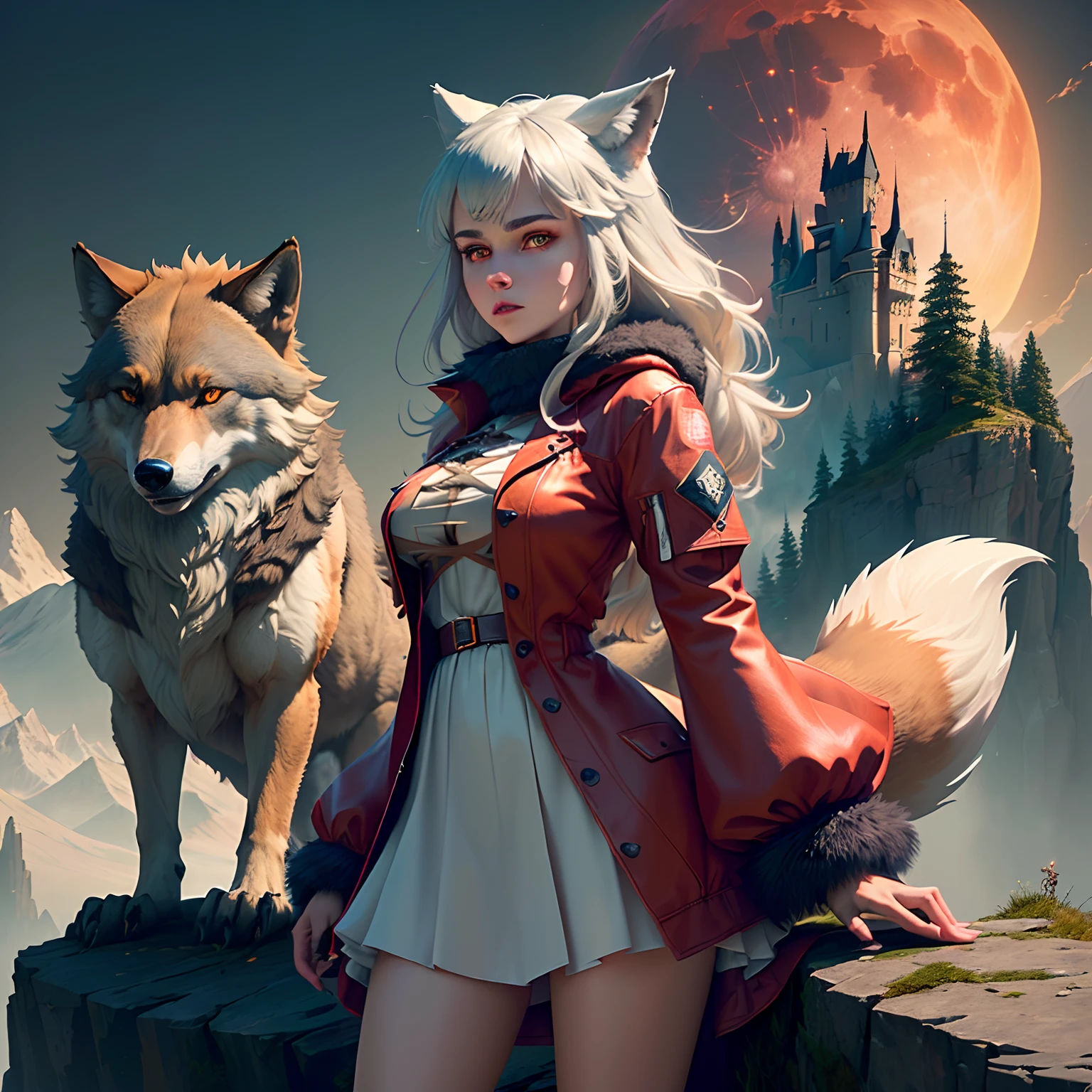 A Wolf girl standing on a mountain cliff wearing gangster clothes with wolves behind her, red moon, high detail, castle, digitigrade, (extremely detailed CG unified 8k wallpaper), highly detailed, masterpiece, (HDR)(wallpaper) (Film lighting)(Sharp focus), (extremely detailed CG unity 8k wallpaper), (best quality)
