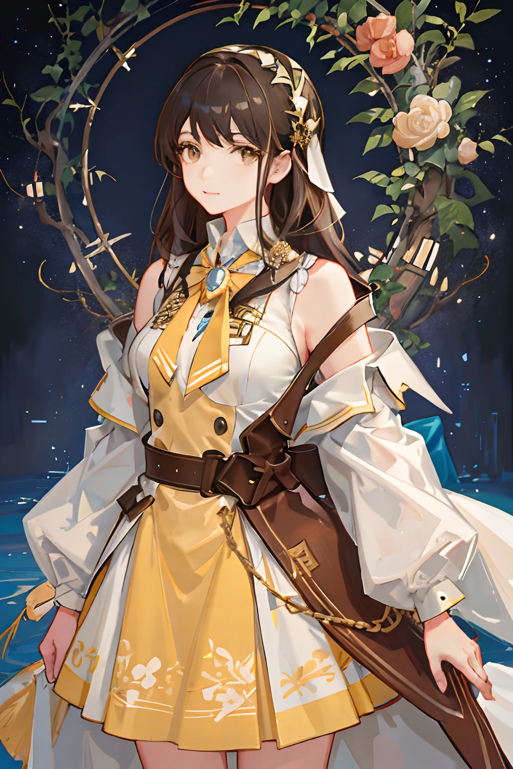 She has shoulder-length brown hair, brown eyes, a strong-willed gaze, and an attractive face even without makeup. She wears a light yellow school uniform, and the artwork is of the best quality at 8k resolution with intricate and elaborate hair accessories.