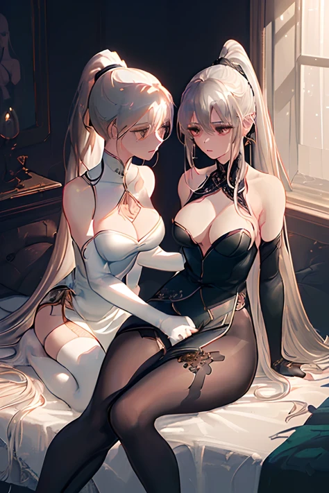 (((2 girls))),ray tracing, (dim light), [realistic] ((detailedbackground(bedroom))),(((silver hair)), (((A long disheveled silver-haired, busty yet slender girls with a high ponytail))) are  in the ominous bedroom, averting their blonde eyes, ((and the girls wear intricate embroidered blackhighslitcheongsams with pantyhose and whitefurtrimelbowgloves)), as the girls sitting in quite intimate contact each other to show off their delicate svelte figures and lissome curvaceous beauties,correct limbs