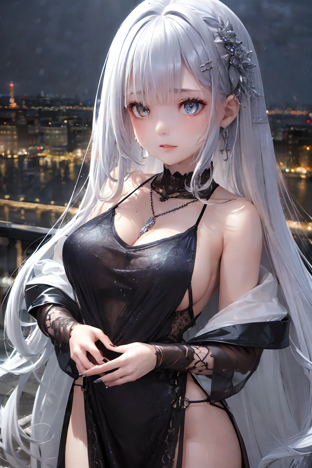 (8k, best quality, masterpiece:1.2),1girl,hair ornament, portrait, (long loose silver revealing dress:1.1), necklace, blue nails,cute,cityscape, night, rain, wet, professional lighting, photon mapping, radiosity, physically-based rendering,(mature female:1.1), (intricate detailed , taut clothes, hair ornament :1.2),